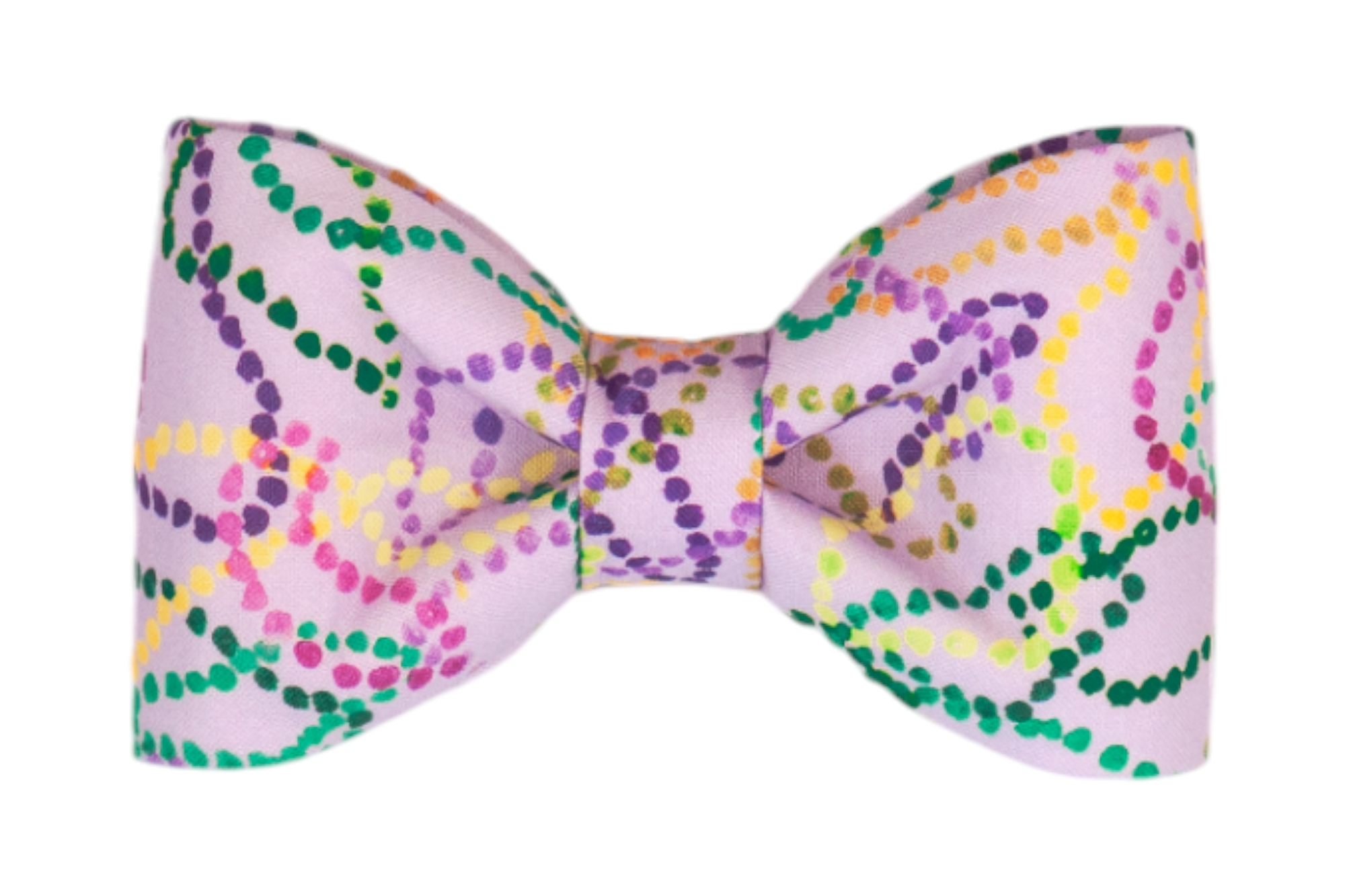 Mardi Gras-inspired dog bow tie featuring colorful beaded strand patterns on a soft lavender background—perfect for parade-ready pups.