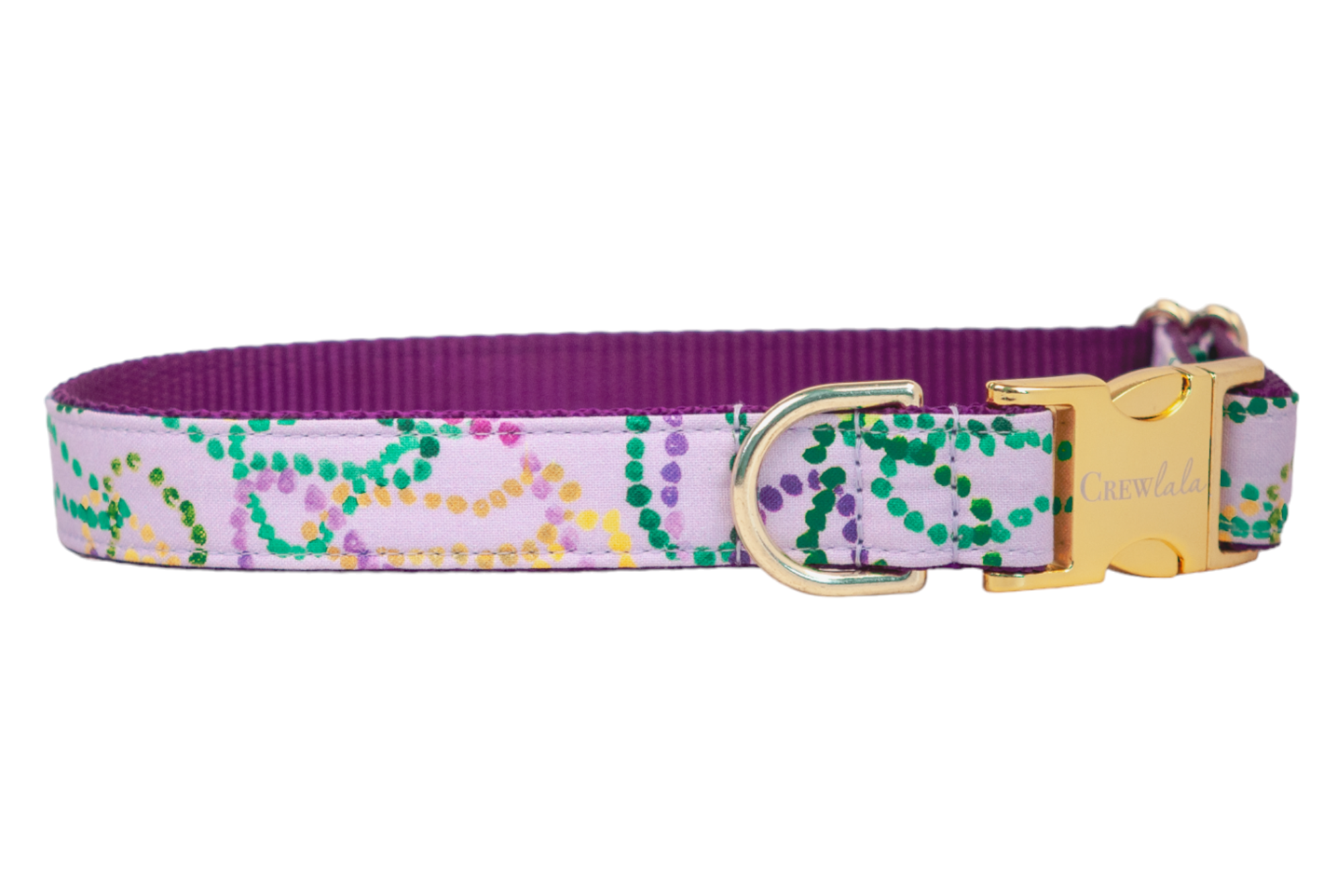 Celebrate in style with this festive dog collar, printed with classic Mardi Gras beads on lilac fabric, complete with a side release buckle and shiny hardware.