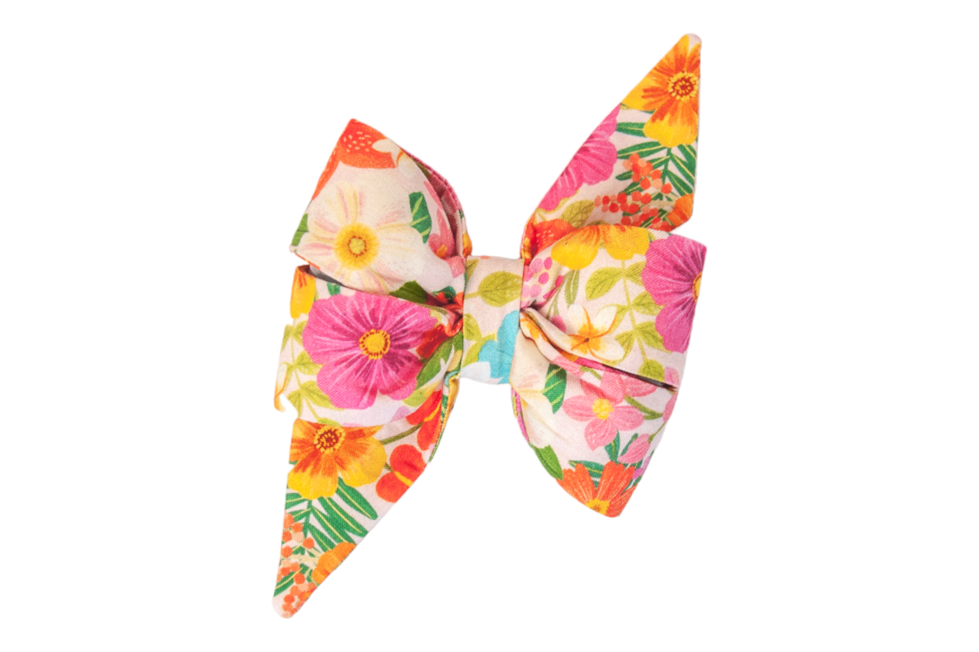 Large fabric dog belle bow with structured loops and long, tapered tails, made from a vibrant floral print featuring pink cosmos, orange marigolds, yellow daisies, and green leafy accents on a light cream background. The belle bow is symmetrical and designed to attach to a collar or harness.