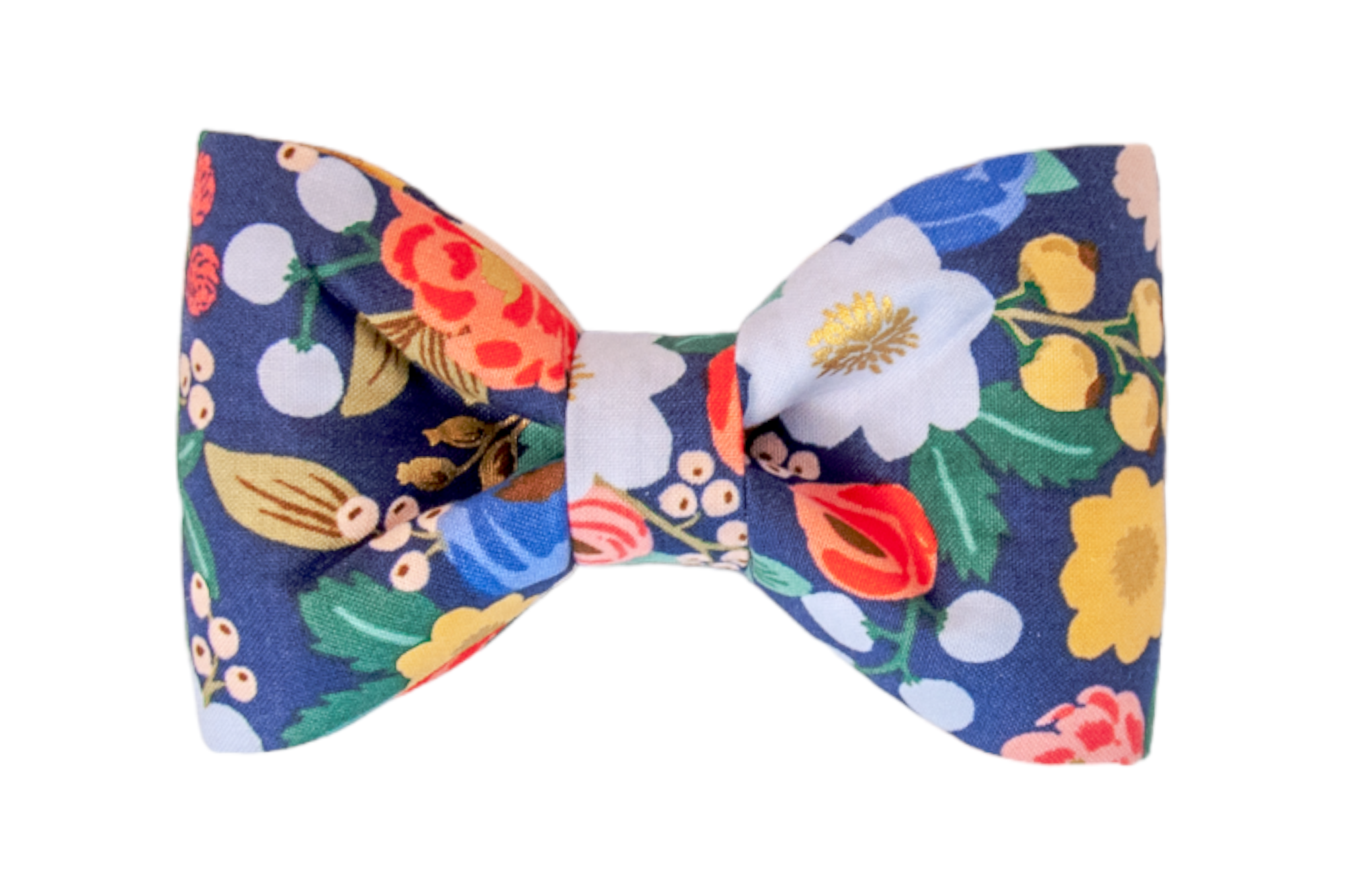Classic dog bow tie made of fabric with a rich navy base and bright floral pattern, including roses, daisies, blooms, and foliage. The bow tie has clean edges and a cinched center meant to attach onto a collar for a polished look.