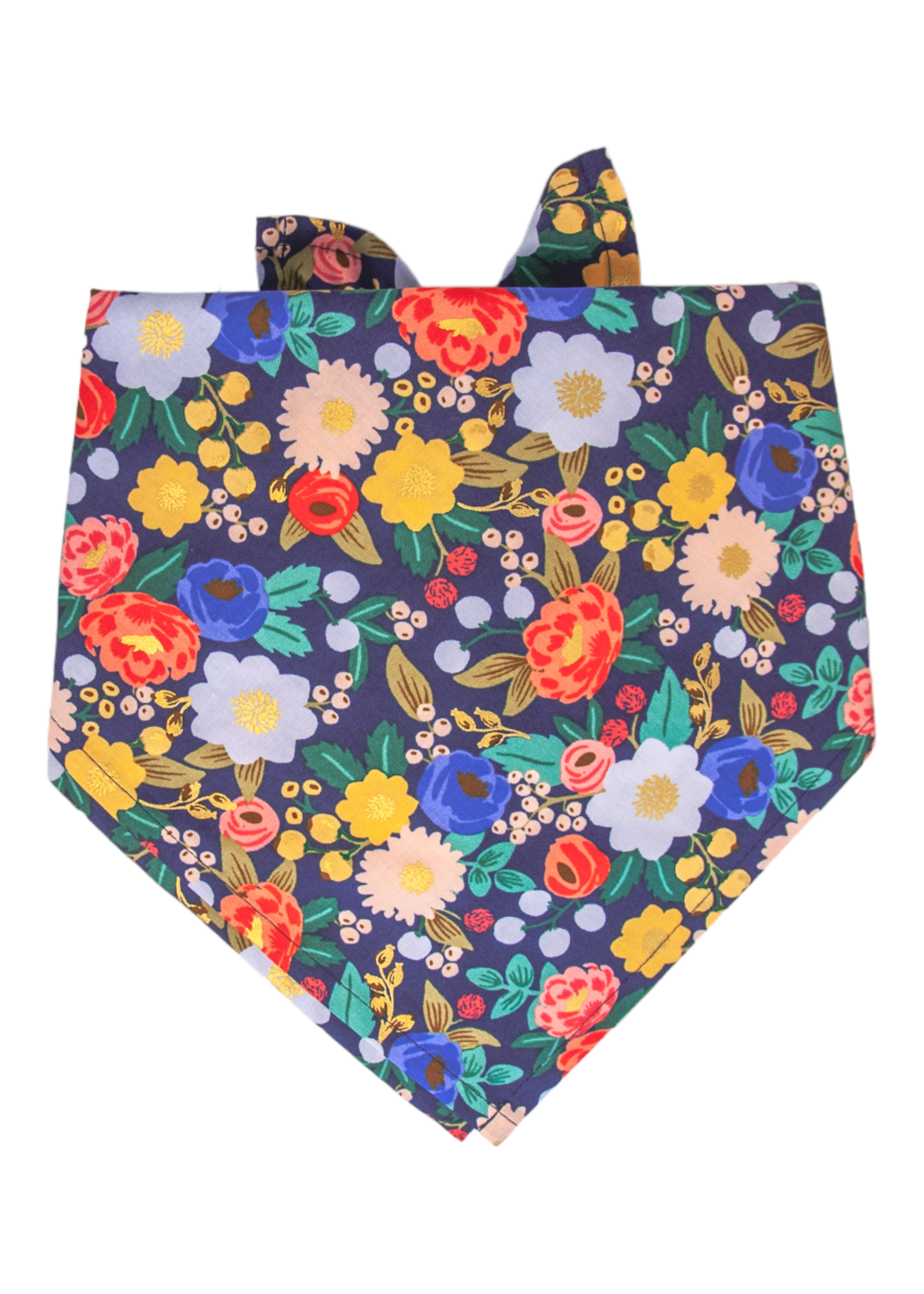 Vibrant floral dog bandana folded in a triangle shape with two soft tie-up ends at the top. The fabric features a dense navy background print of colorful garden flowers and berries.