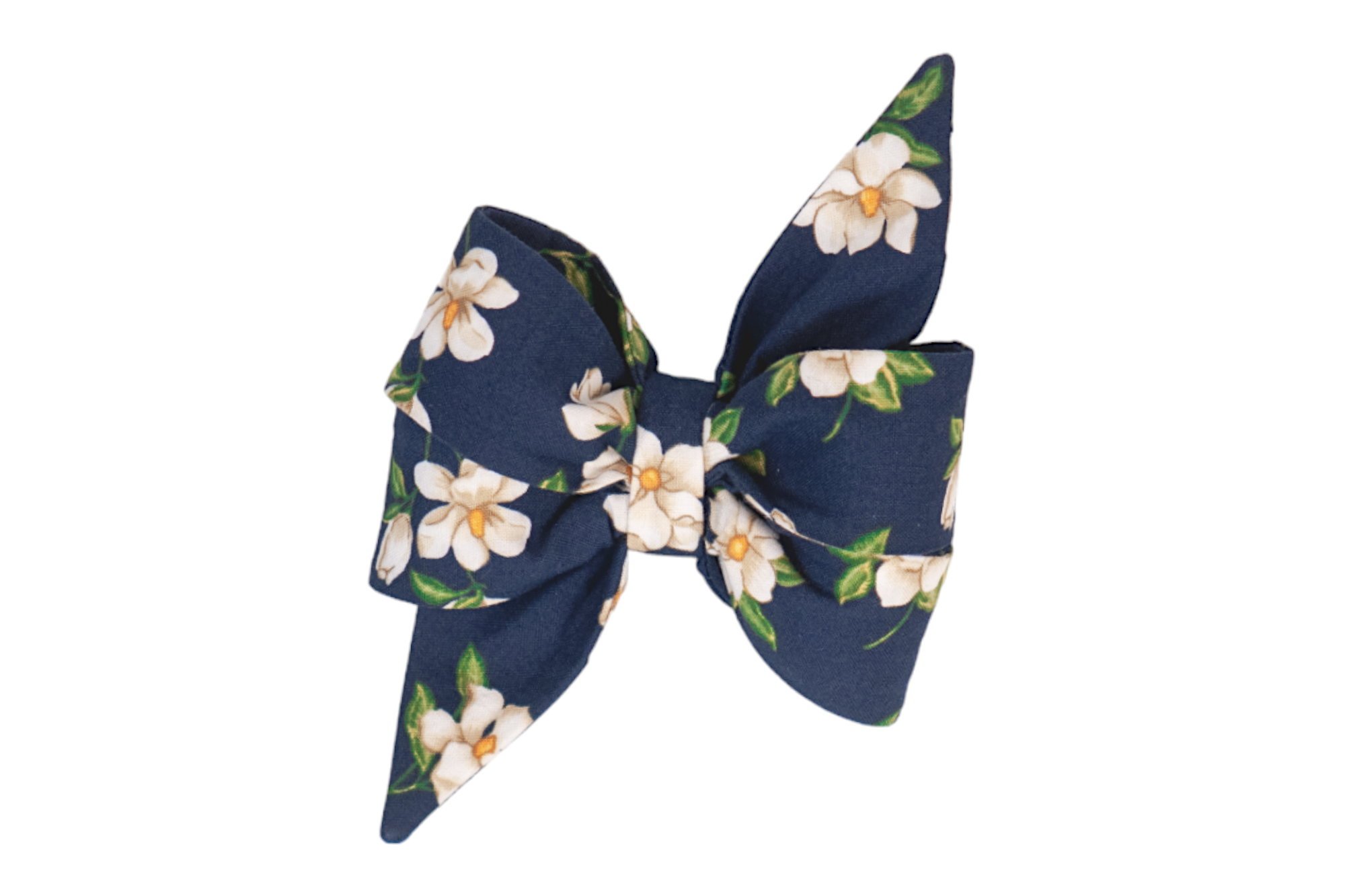 Classic navy blue girl dog belle bow featuring white magnolia flowers, ideal for special occasions and everyday elegance.
