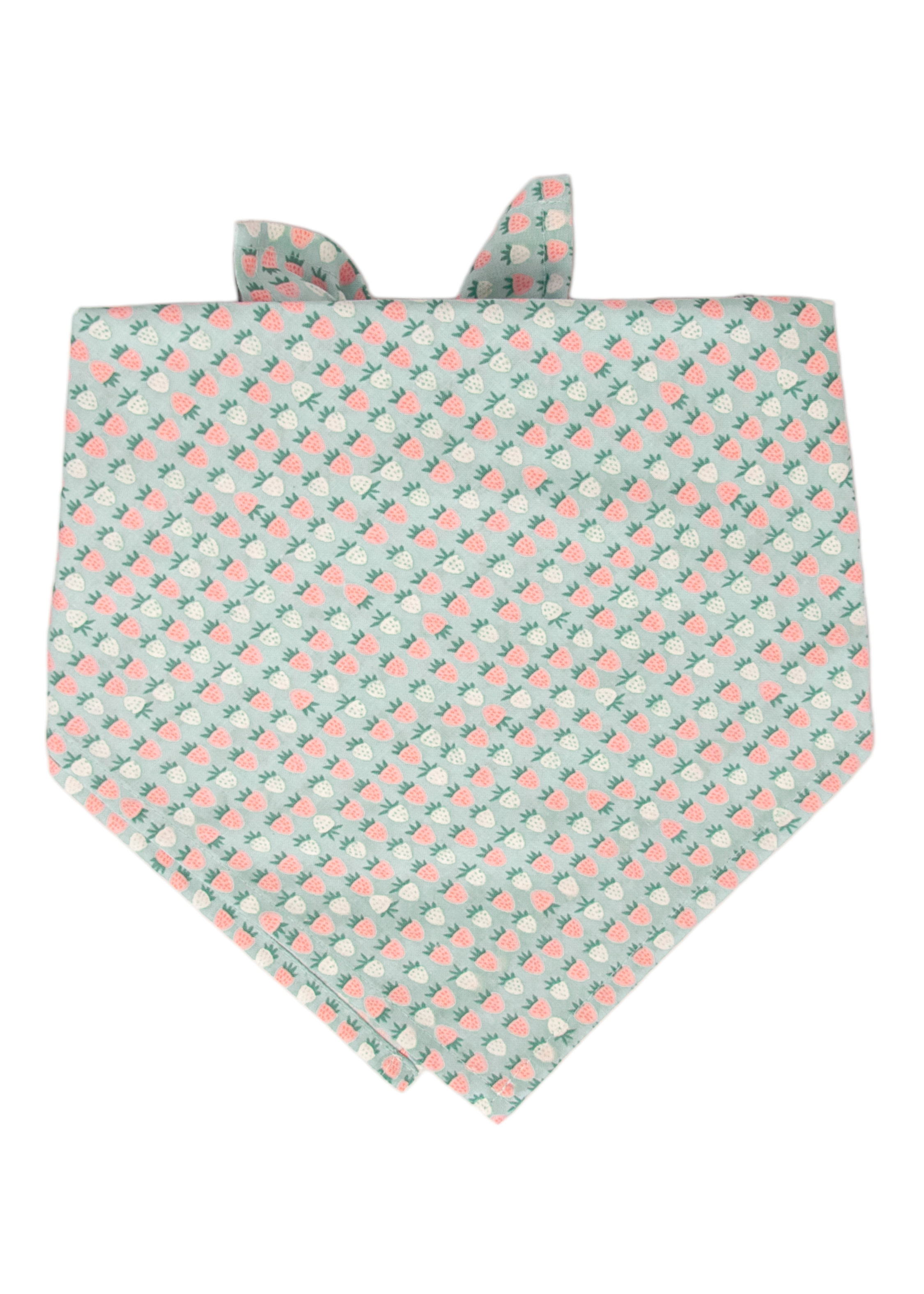 Light mint green dog bandana decorated with a uniform grid of miniature strawberries in pastel pink and white, knotted at the top for easy wear.