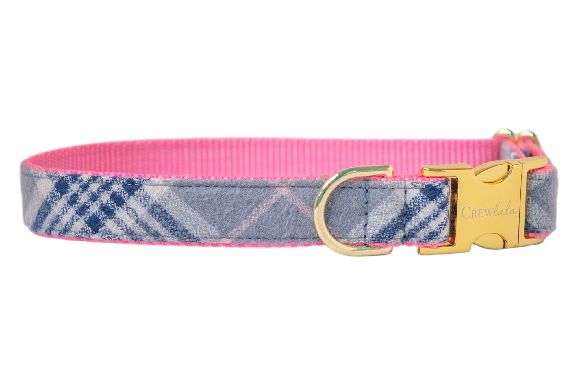 Stylish grey tartan dog collar with intersecting stripes, complete with a polished buckle and D-ring.