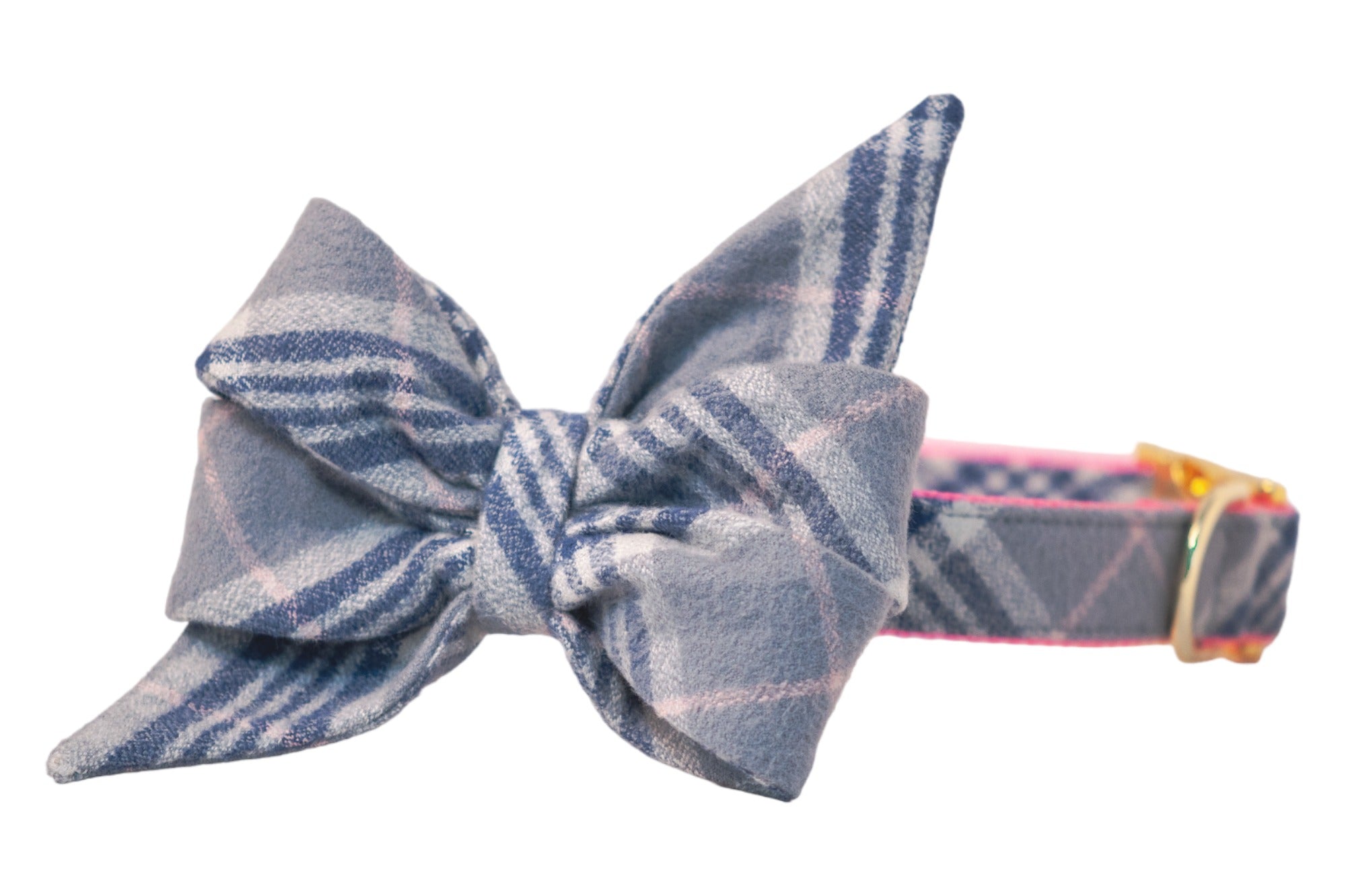 Large feminine belle bow in grey plaid with, attached to a matching dog collar with a metal buckle.