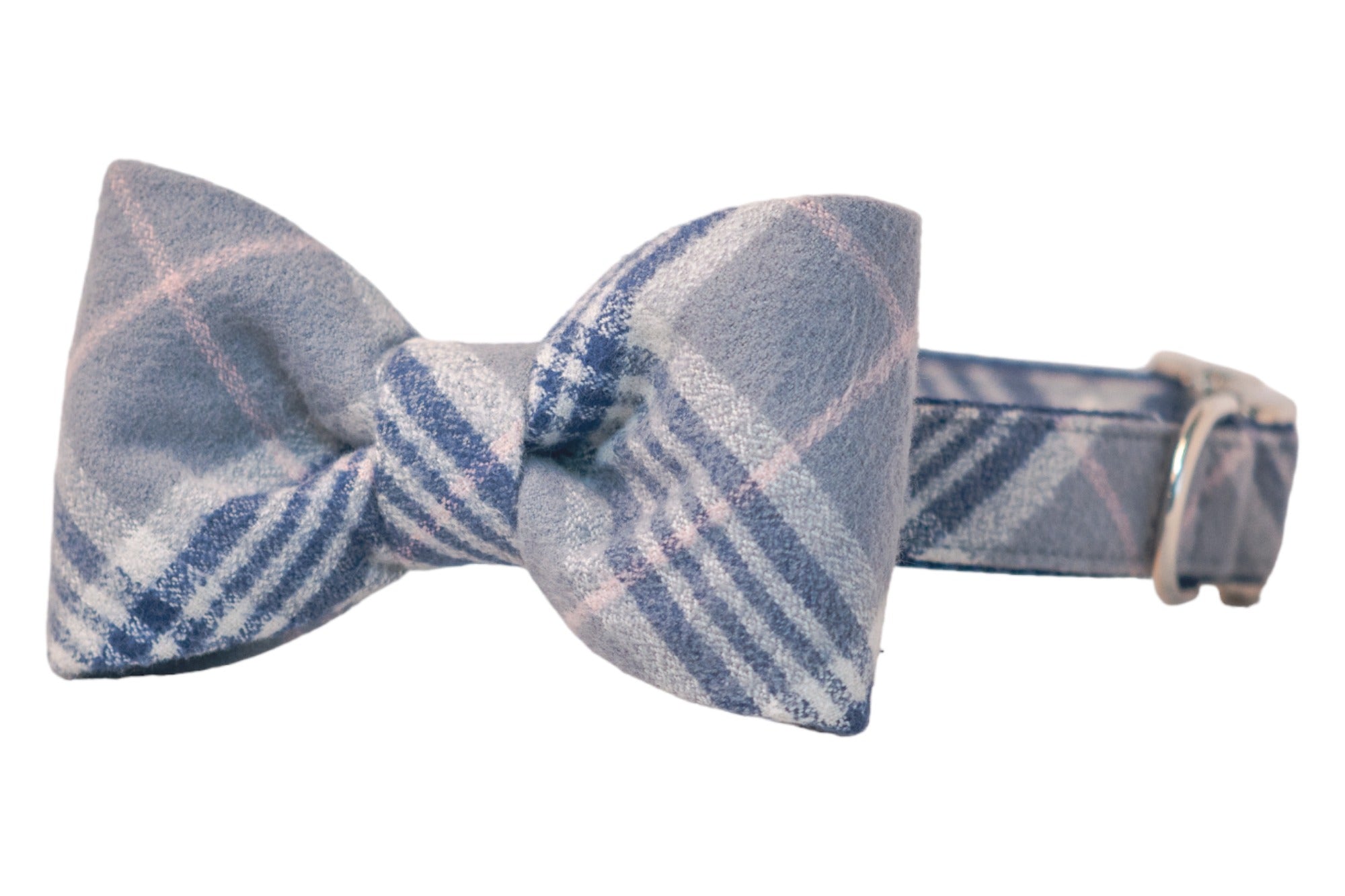 Classic plaid bow tie in shades of grey, secured to an adjustable matching dog collar with metal hardware.