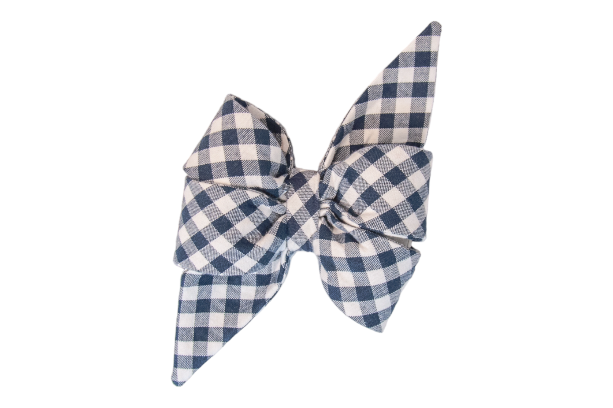 Close-up of a navy a plaid-patterned fabric dog belle bow with two full loops and tapered tail ends. The belle bow has a crisp, preppy design and is crafted from lightweight cotton fabric.