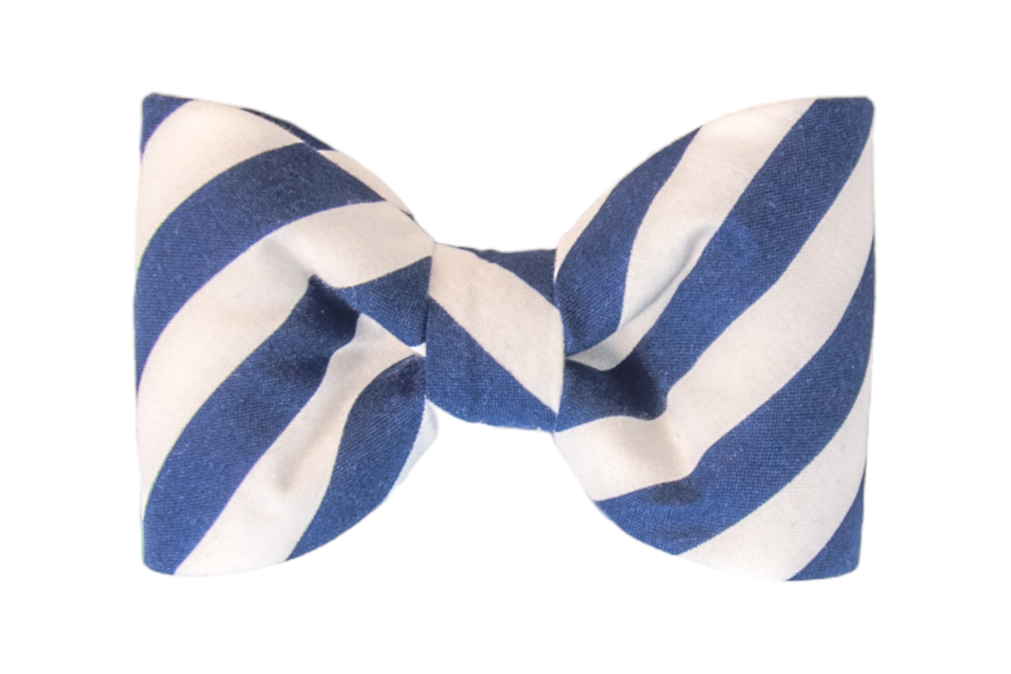 Navy blue and white fabric bow tie with bold diagonal stripes, crafted in a classic symmetrical shape with crisp edges and a neatly cinched center. The cotton gives it a structured yet soft look ideal for patriotic or nautical-themed outfits.