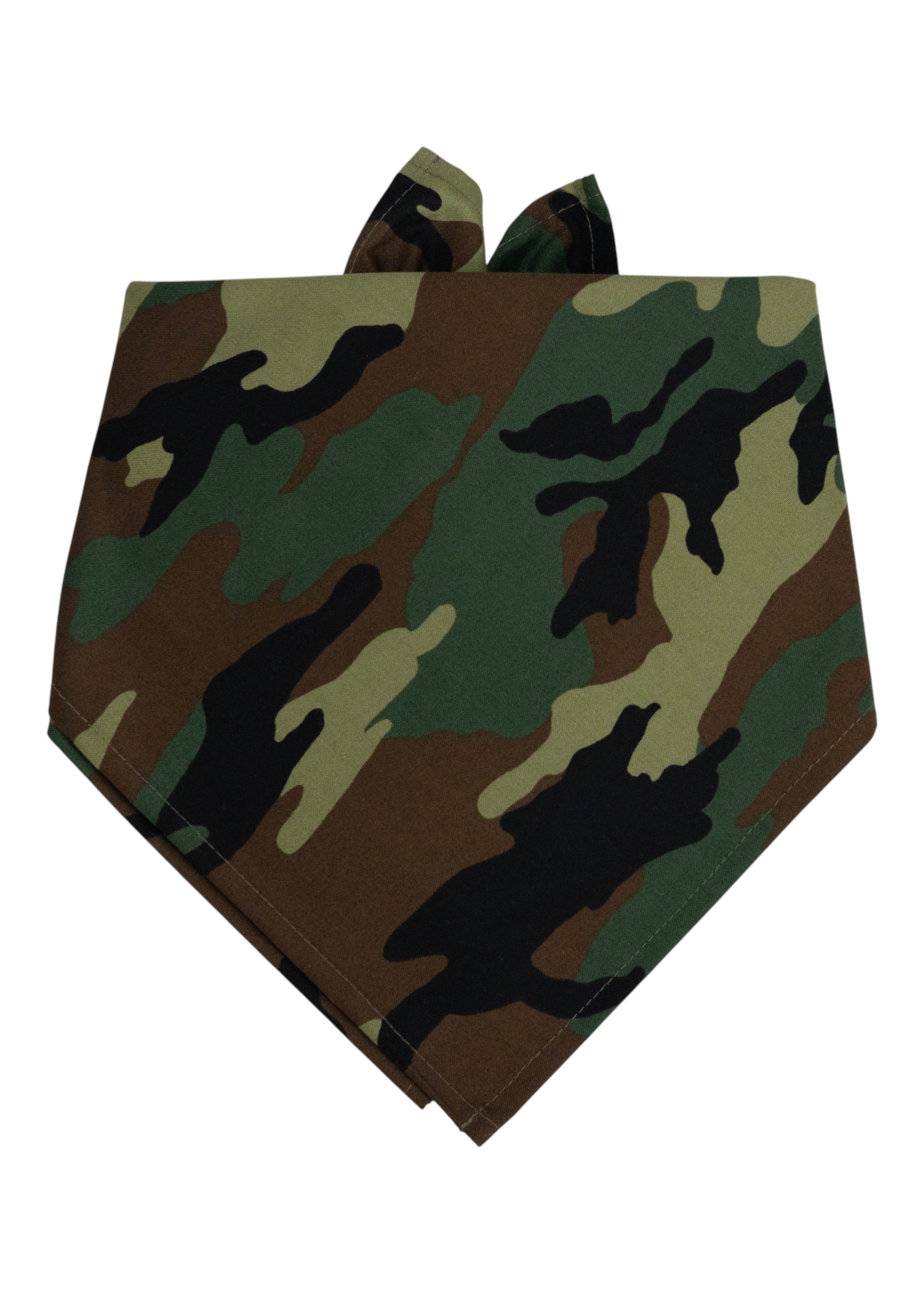 Camo print pet bandana featuring overlapping shades of green, brown, and black, folded into a pointed triangle with tie ends.