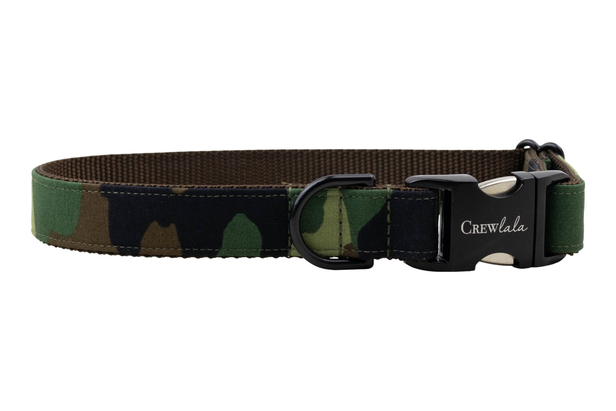 Adjustable dog collar featuring a classic camo print and black hardware, including a buckle engraved with “Crewlala.”