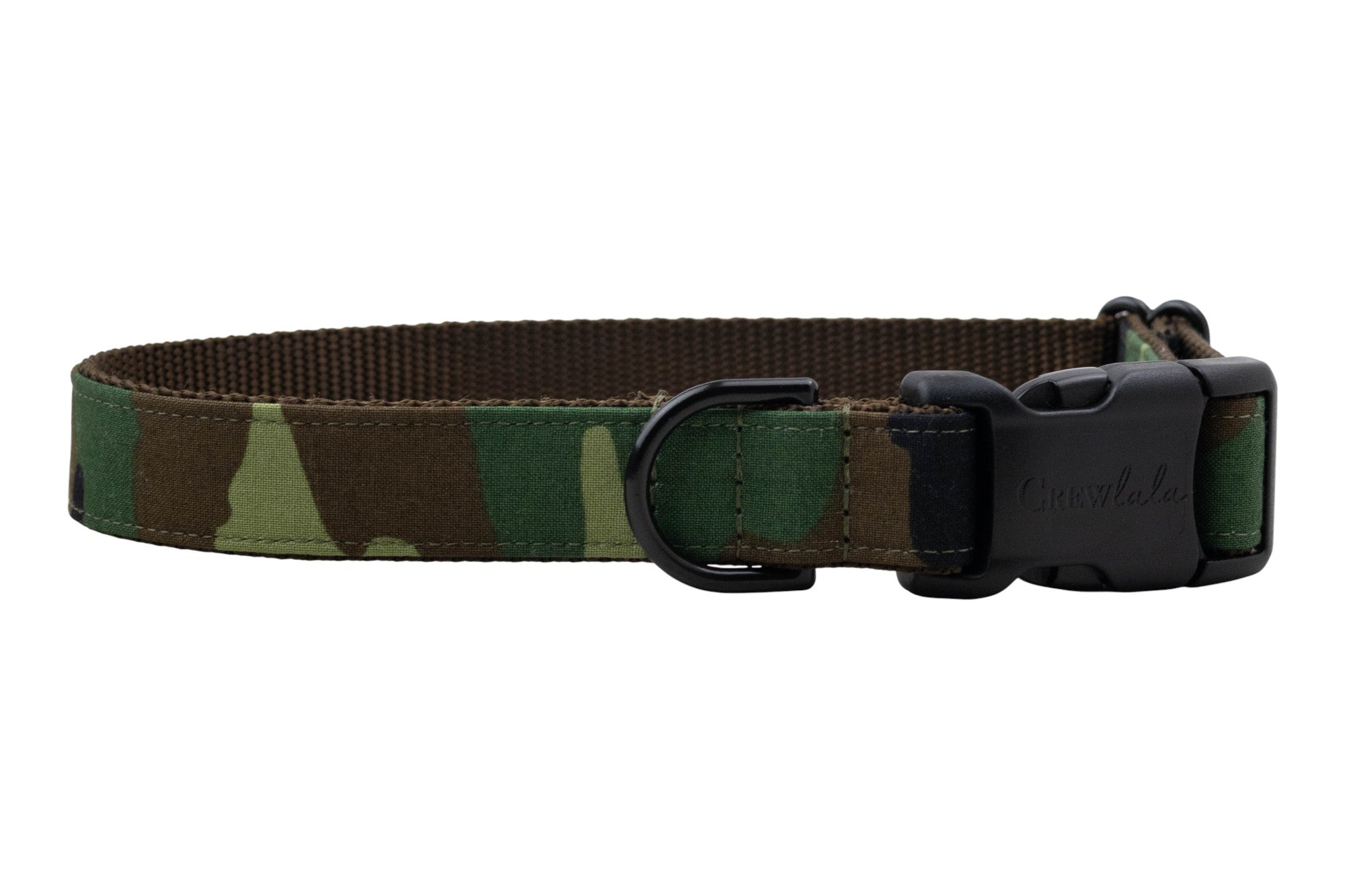 Adjustable dog collar featuring a classic camo print and black hardware, including a buckle engraved with “Crewlala.”
