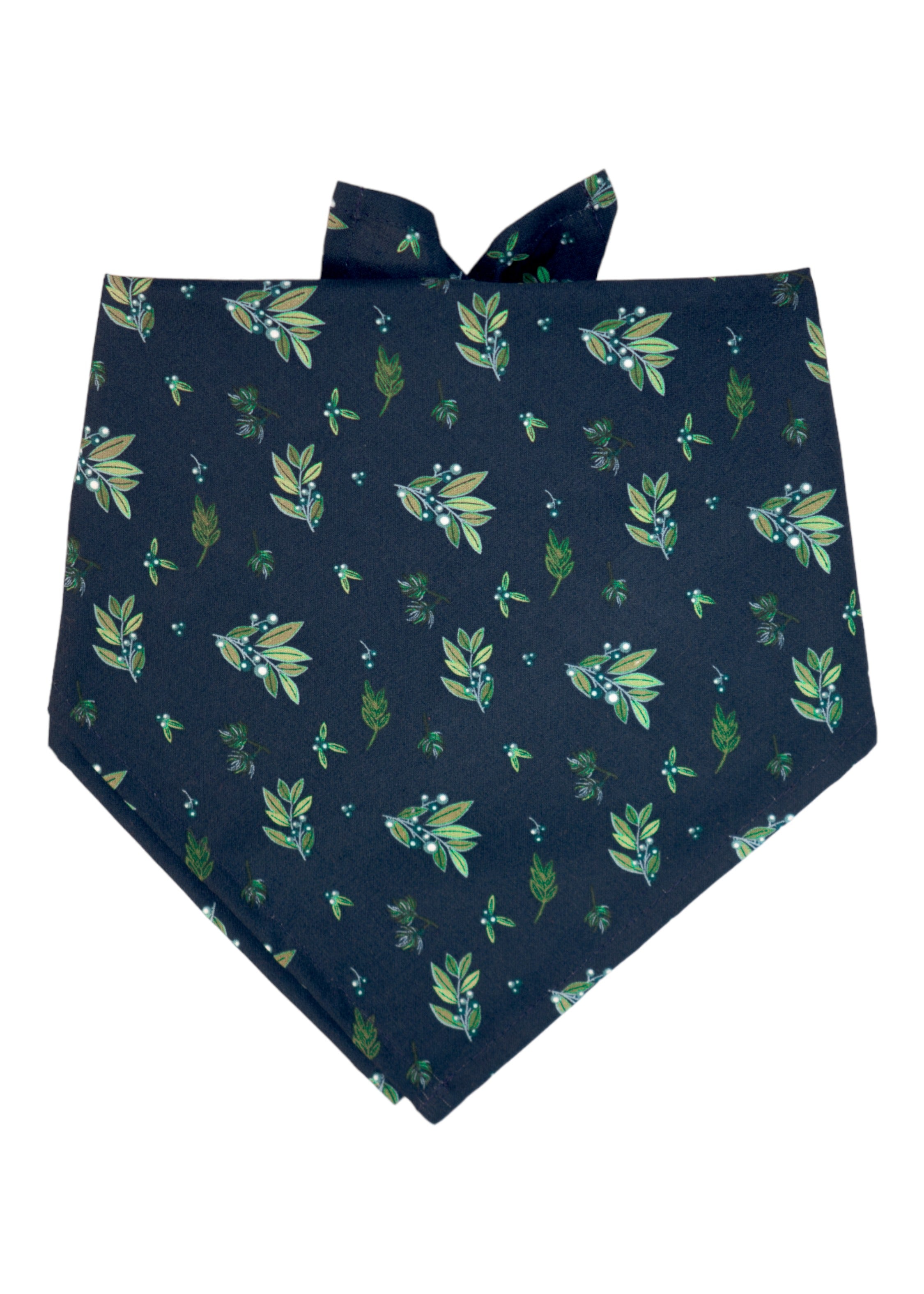 Navy blue dog bandana featuring an all-over print of leafy branches accented with small berries, tied at the top for secure wear around your dogs neck.