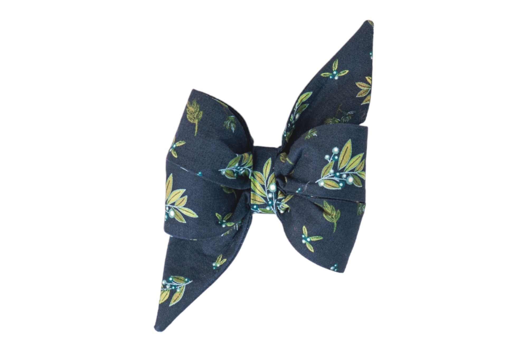Large, structured navy belle bow with two pointed tails, made from fabric patterned with olive leaves and clusters of berries, arranged in a balanced, symmetrical design. The perfect feminine touch for your dogs fall wardrobe.