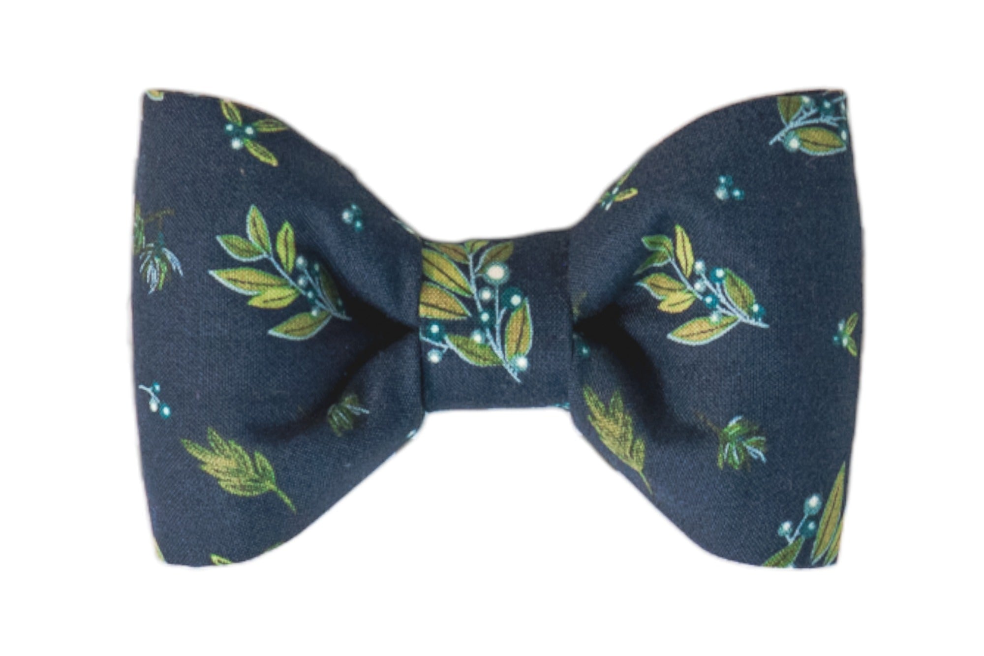 Navy blue bow tie made to be attached to a dog collar, featuring a botanical print of olive leaves and small berries, styled in a neat symmetrical bow shape.