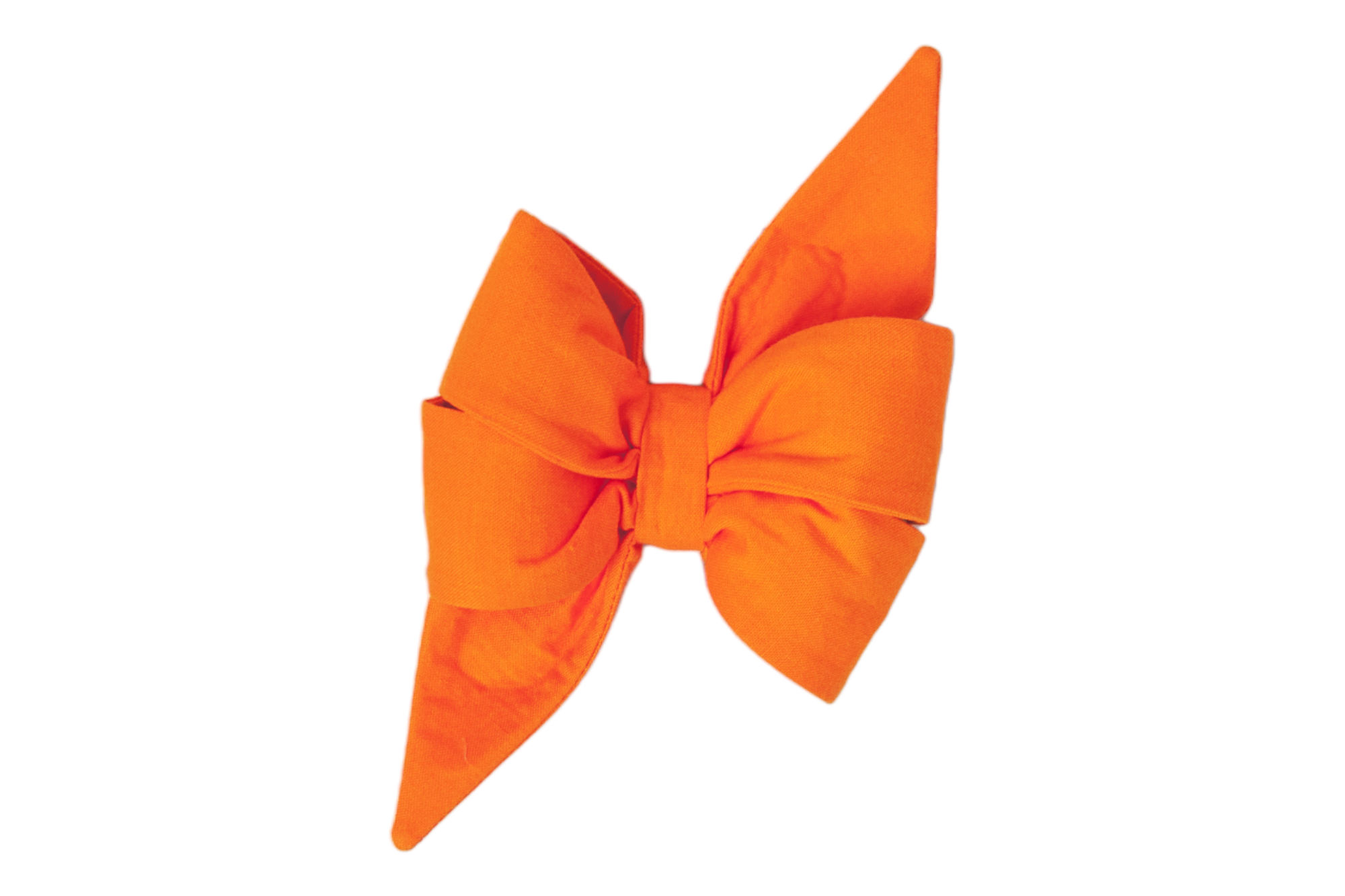 Large solid orange belle bow with long pointed tails, made from soft fabric. A bold statement piece designed for a festive Halloween, fall, or everyday look.