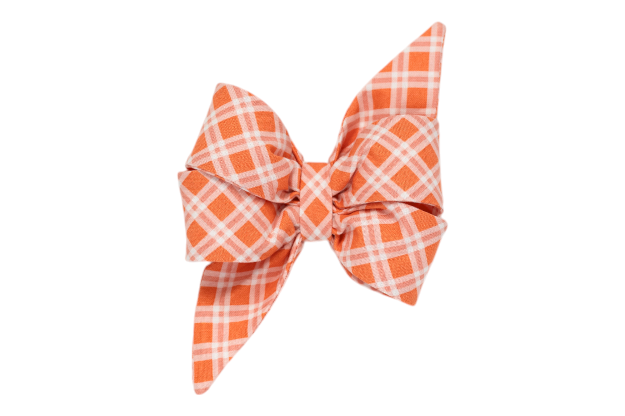 Orange and white plaid dog belle bow with large, symmetrical loops and two long, tapered tails. The belle bow is gathered and secured at the center, offering a crisp and tailored appearance ideal for festive or casual wear.