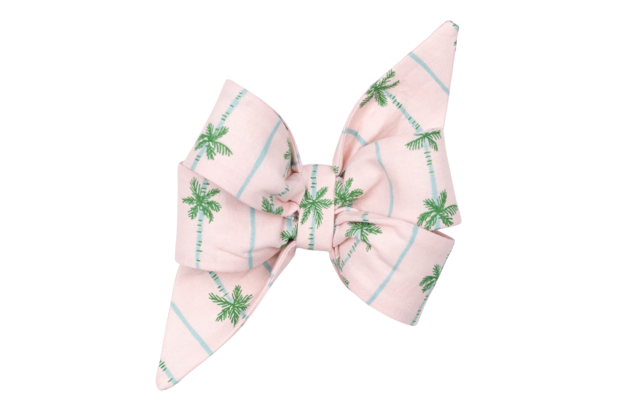 Tropical-themed dog belle bow, made from pastel pink fabric patterned with palm trees and light aqua blue stripes, styled with pointed tails and a voluminous structure.
