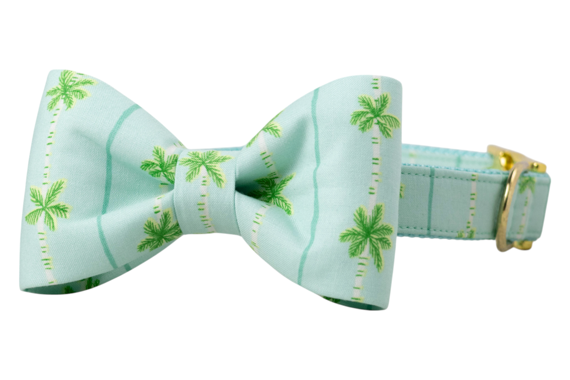 Tropical dog collar in aqua blue, accented with a matching structured bow tie in coordinating palm tree print. Includes gold metal hardware and light blue woven interior.