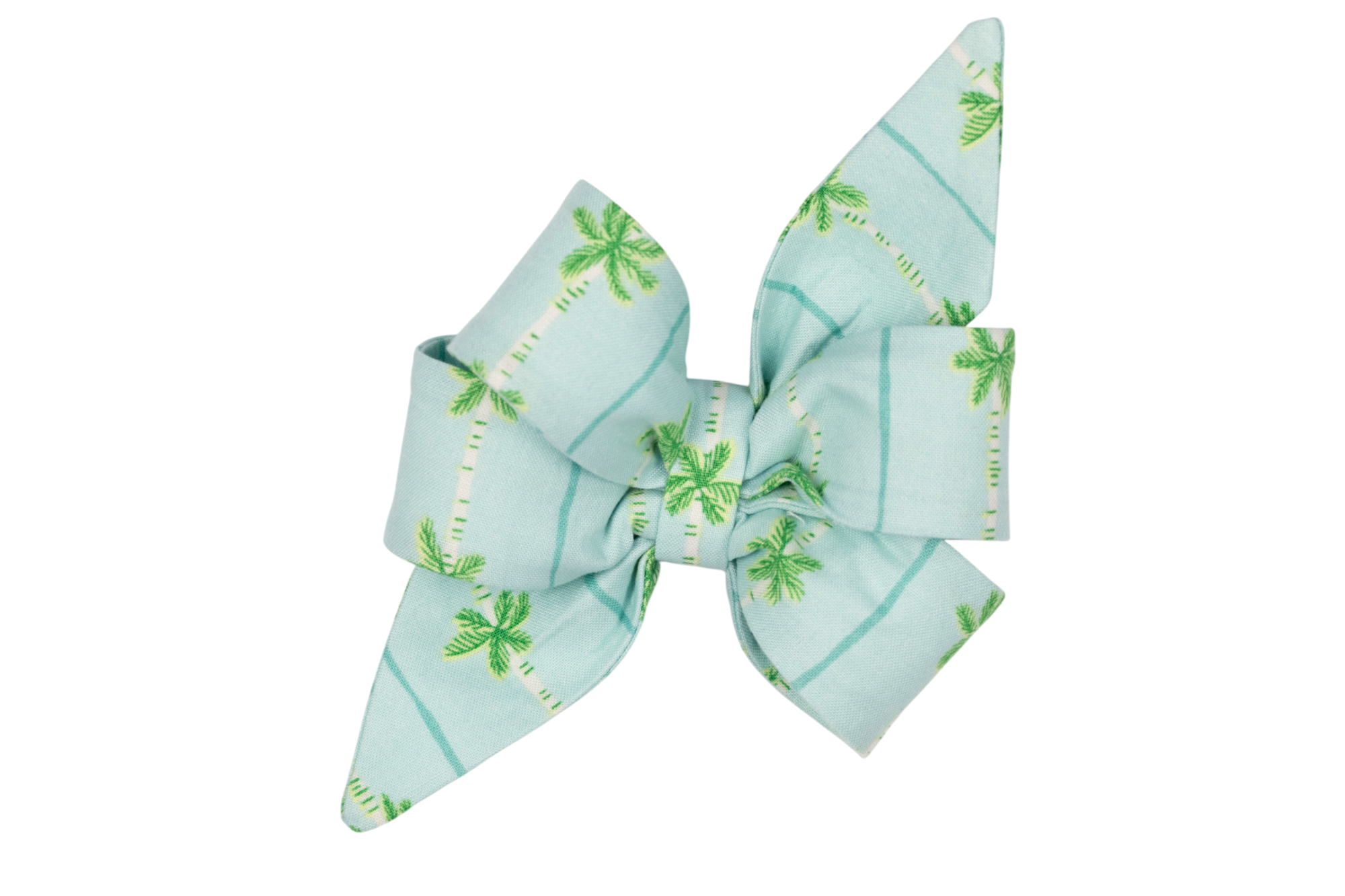 Tropical-style girl dog belle bow in pastel aqua blue, featuring a green palm tree and blue stripe pattern with long pointed ends and layered folds.