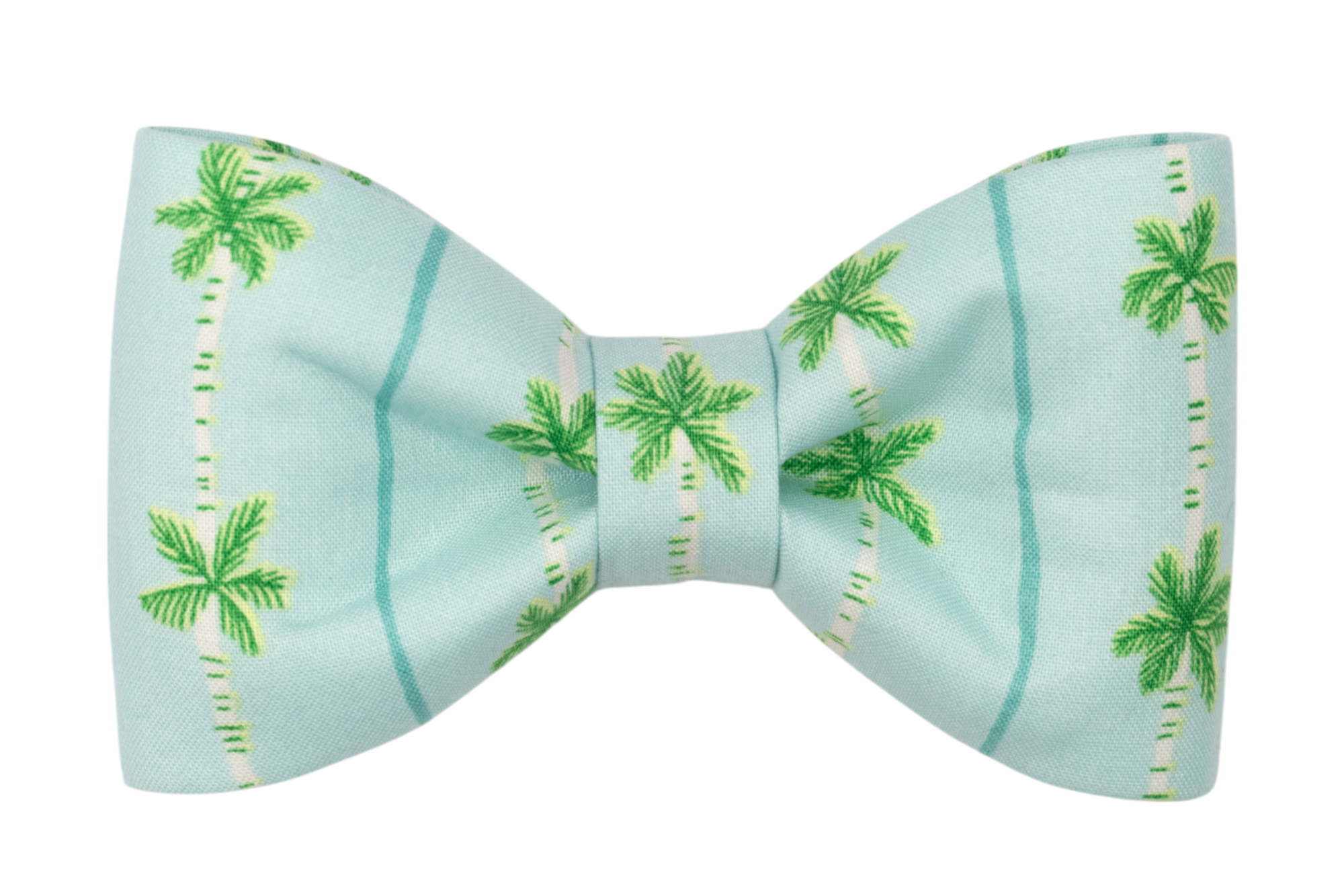 Tropical-themed dog bow tie in aqua blue, decorated with a repeating green palm tree and blue stripe pattern. Designed for collar attachment.