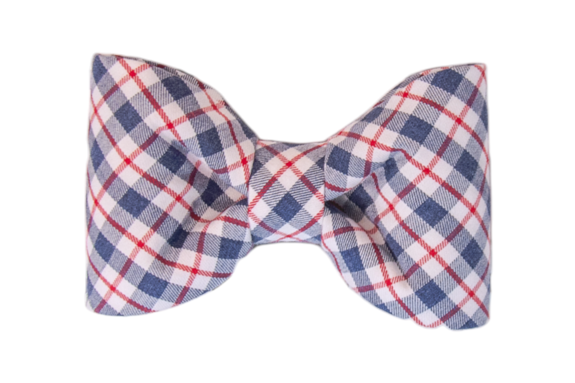 A plaid bow tie in red, white, and dark blue, featuring a crisp, structured shape with symmetrical loops and a tightly cinched middle. The pattern forms a diagonal grid across the fabric.
