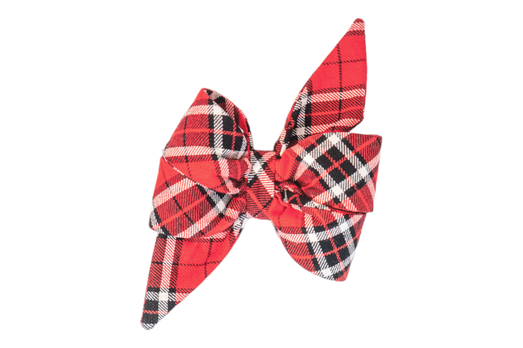 Classic belle bow for dogs in a bold red, black, and white tartan pattern, featuring long pointed tails and layered loops—crafted from soft fabric for a festive and timeless holiday look.