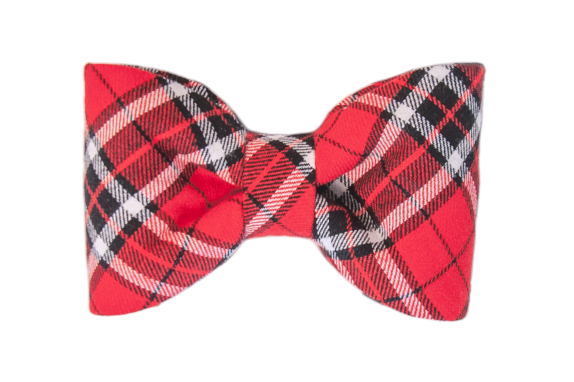 Traditional dog bow tie in a red, black, and white plaid pattern with sharp checkered lines, crafted from soft flannel fabric and shaped in a structured double-point silhouette—perfect for holiday photos or cozy winter outings.