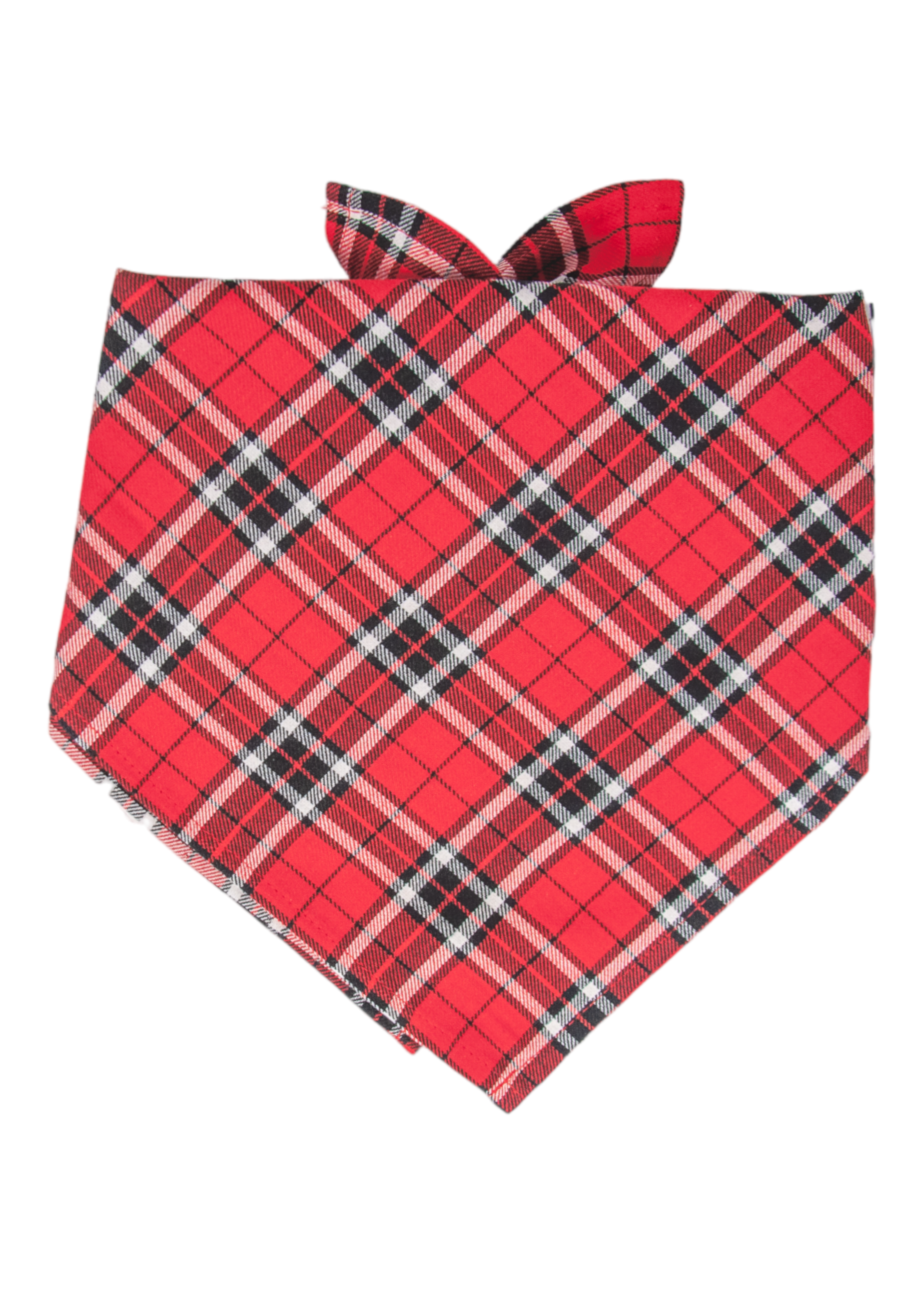 Classic dog bandana in a red, black, and white tartan plaid pattern, featuring a pointed hem and top-tie closure—perfect for holiday photos, cozy winter walks, or timeless seasonal style.