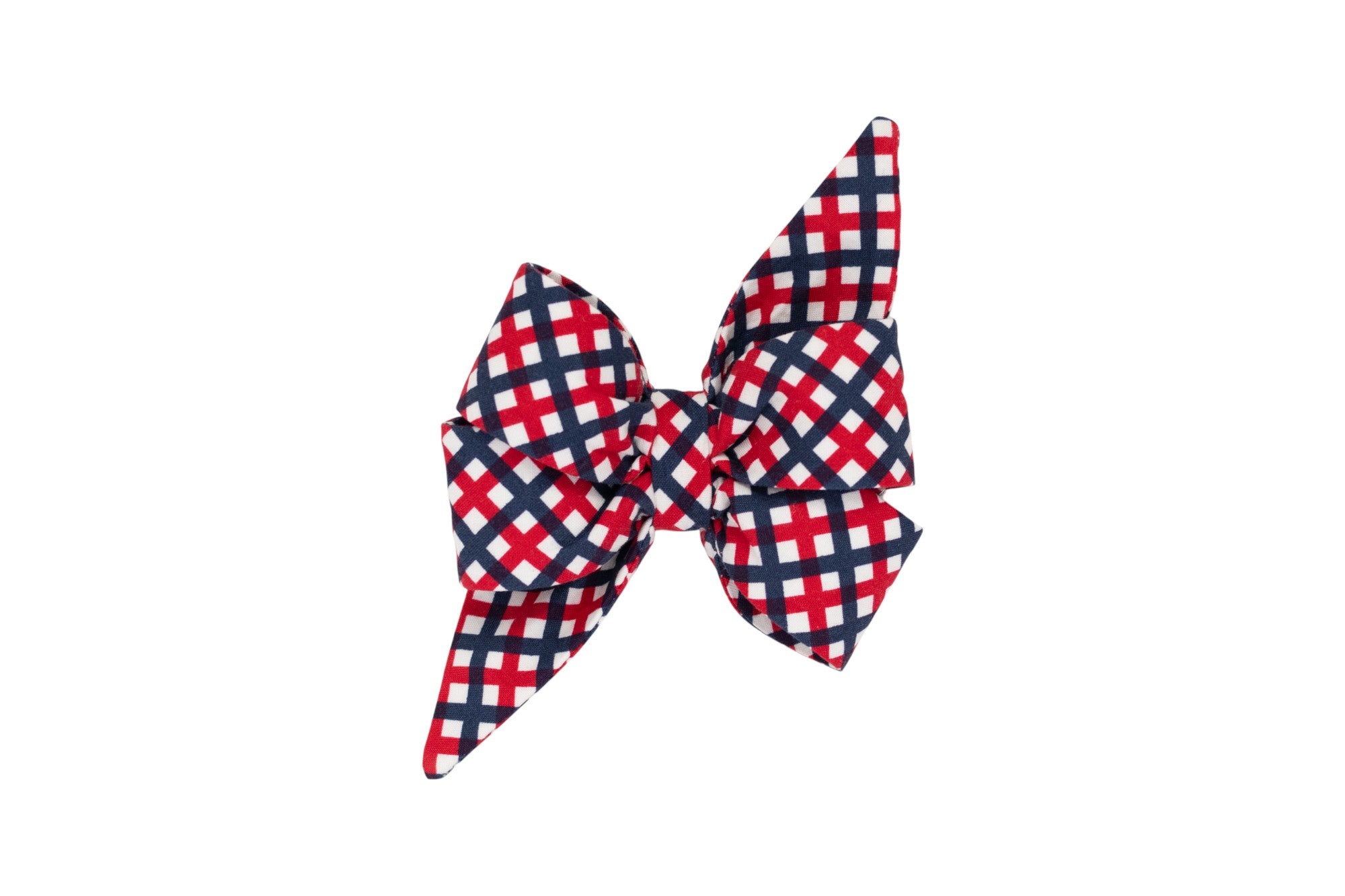 Bold and patriotic girl dog belle bow with a red, white, and navy blue plaid pattern—perfect for festive occasions and summer outings.
