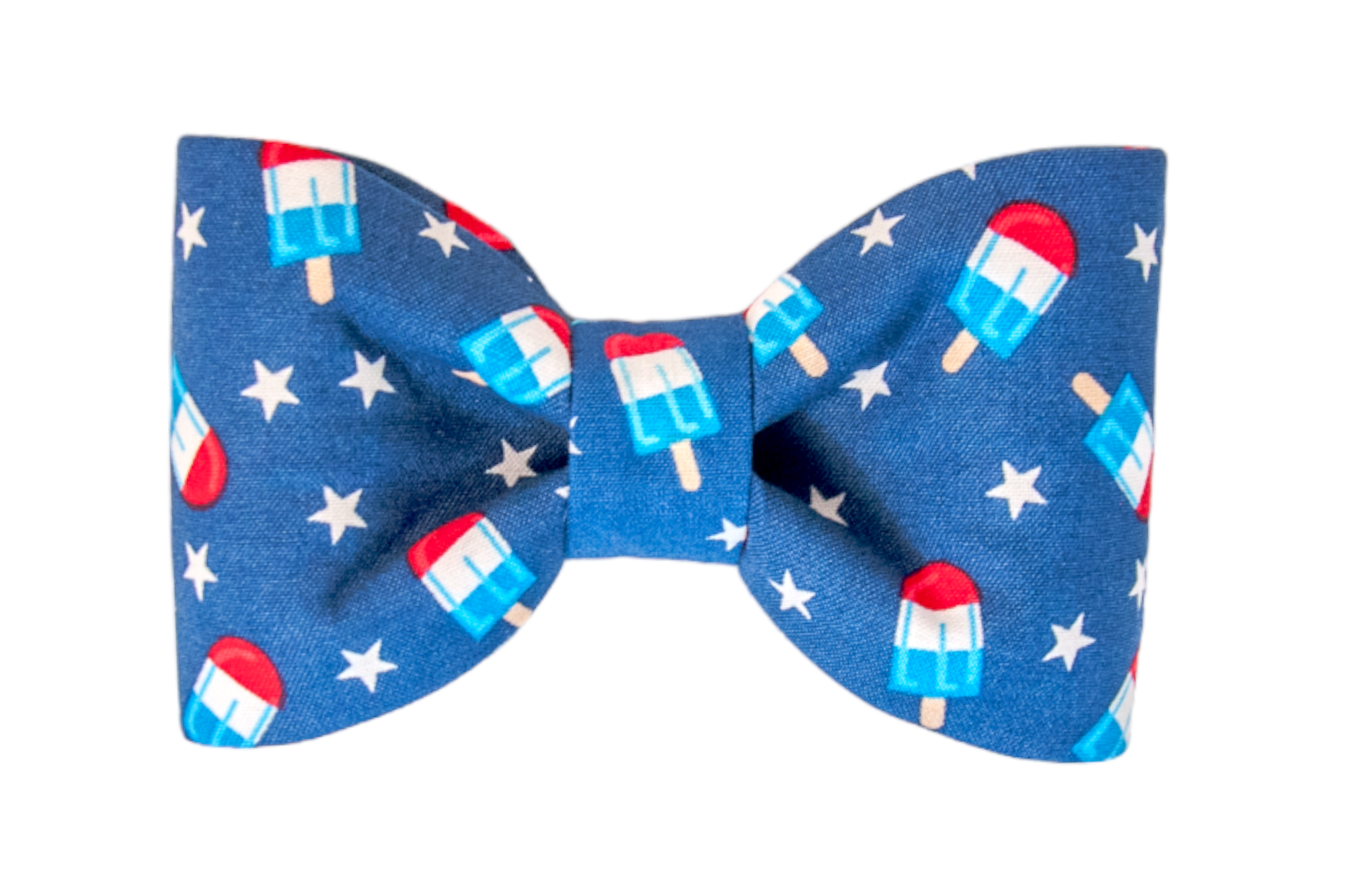 Patriotic-themed dog bow tie featuring a navy background with repeating popsicle and star patterns in red, white, and blue, ideal for festive occasions.