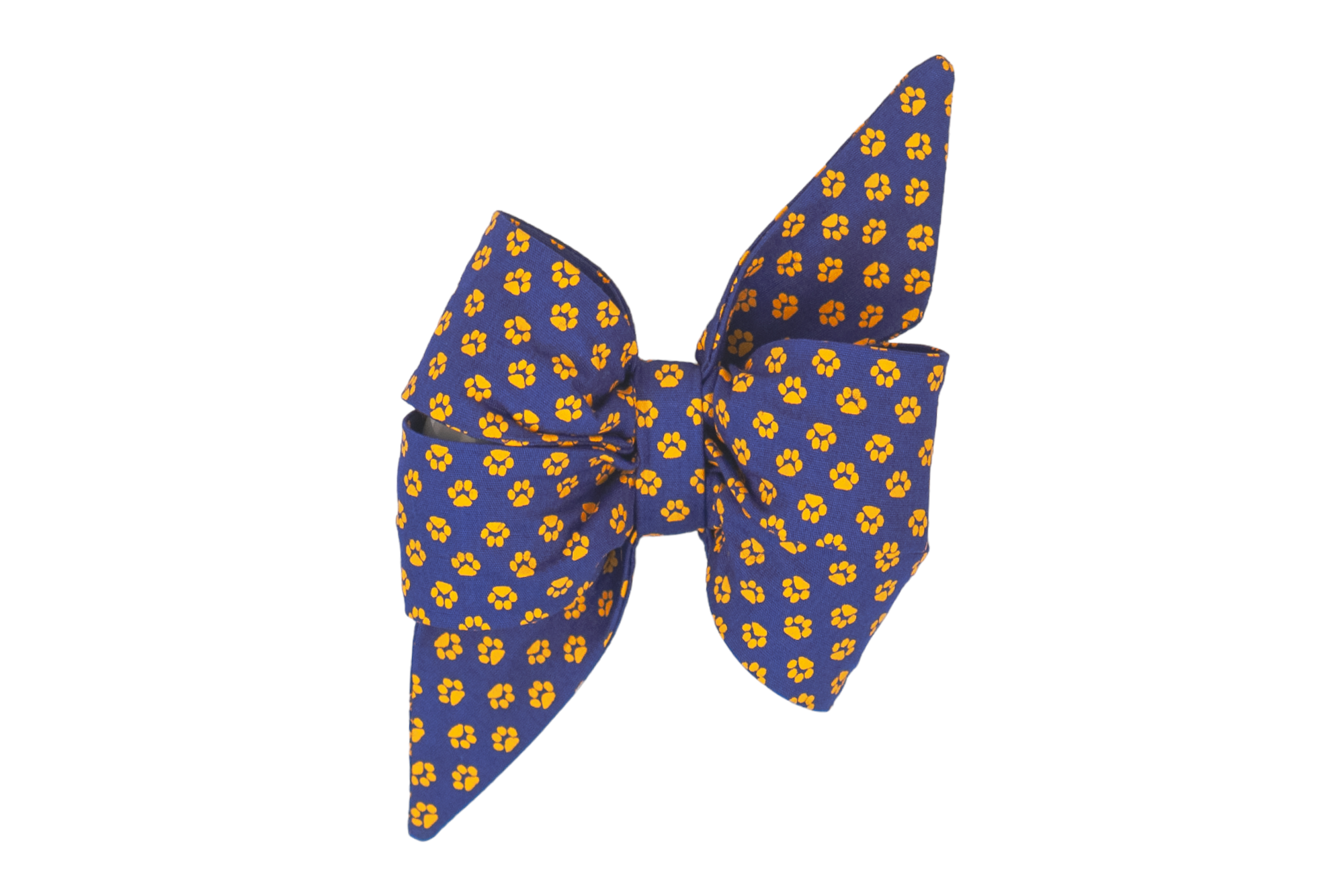 This bold belle bow is paw-sitively perfect for your stylish pup! Featuring a deep navy background sprinkled with bright paw prints, this oversized bow adds a fun, spirited twist to any collar.