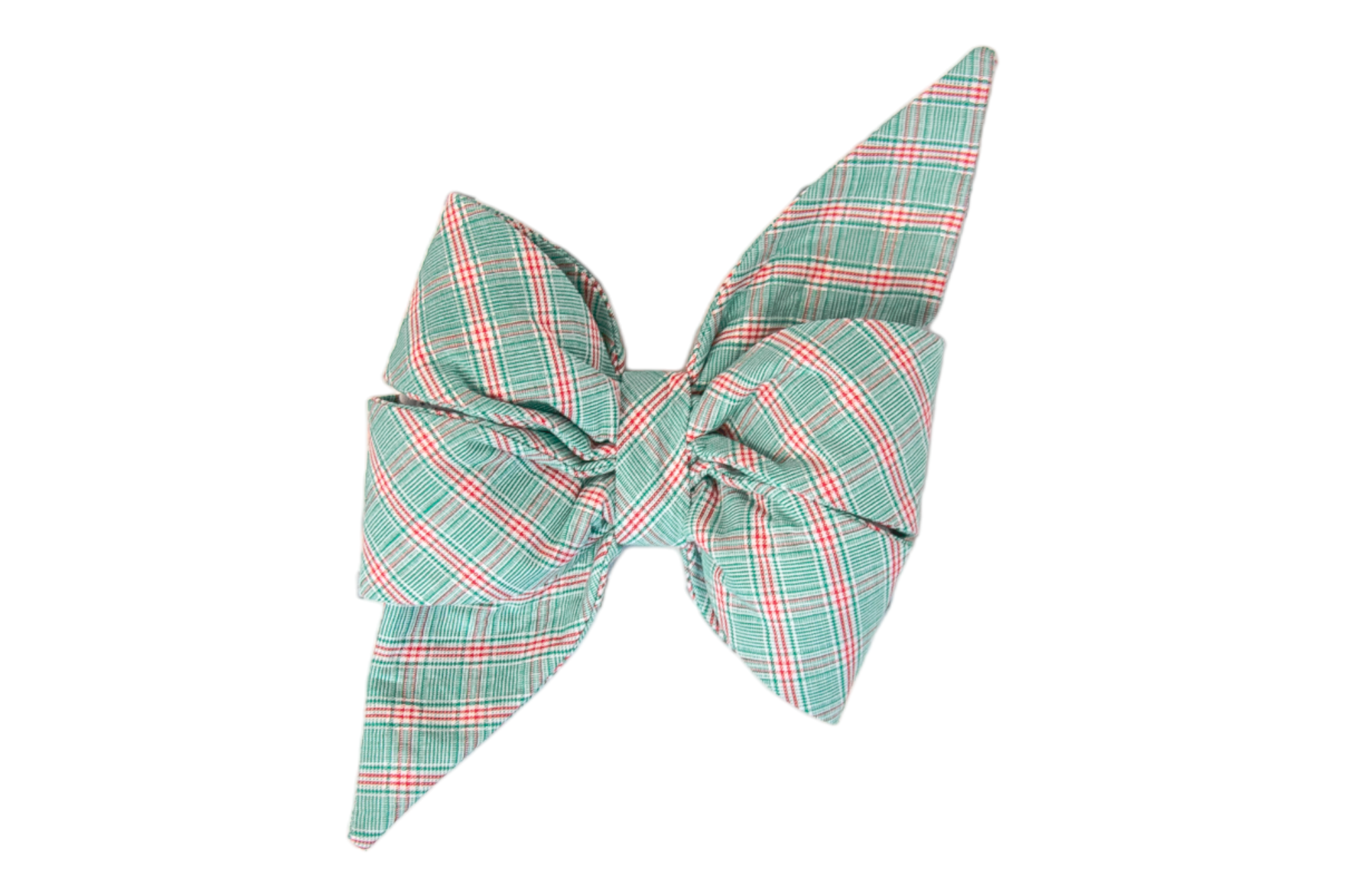 Holiday-inspired dog belle bow in soft green plaid, designed with dramatic pointed edges for a cheerful and feminine seasonal accessory.