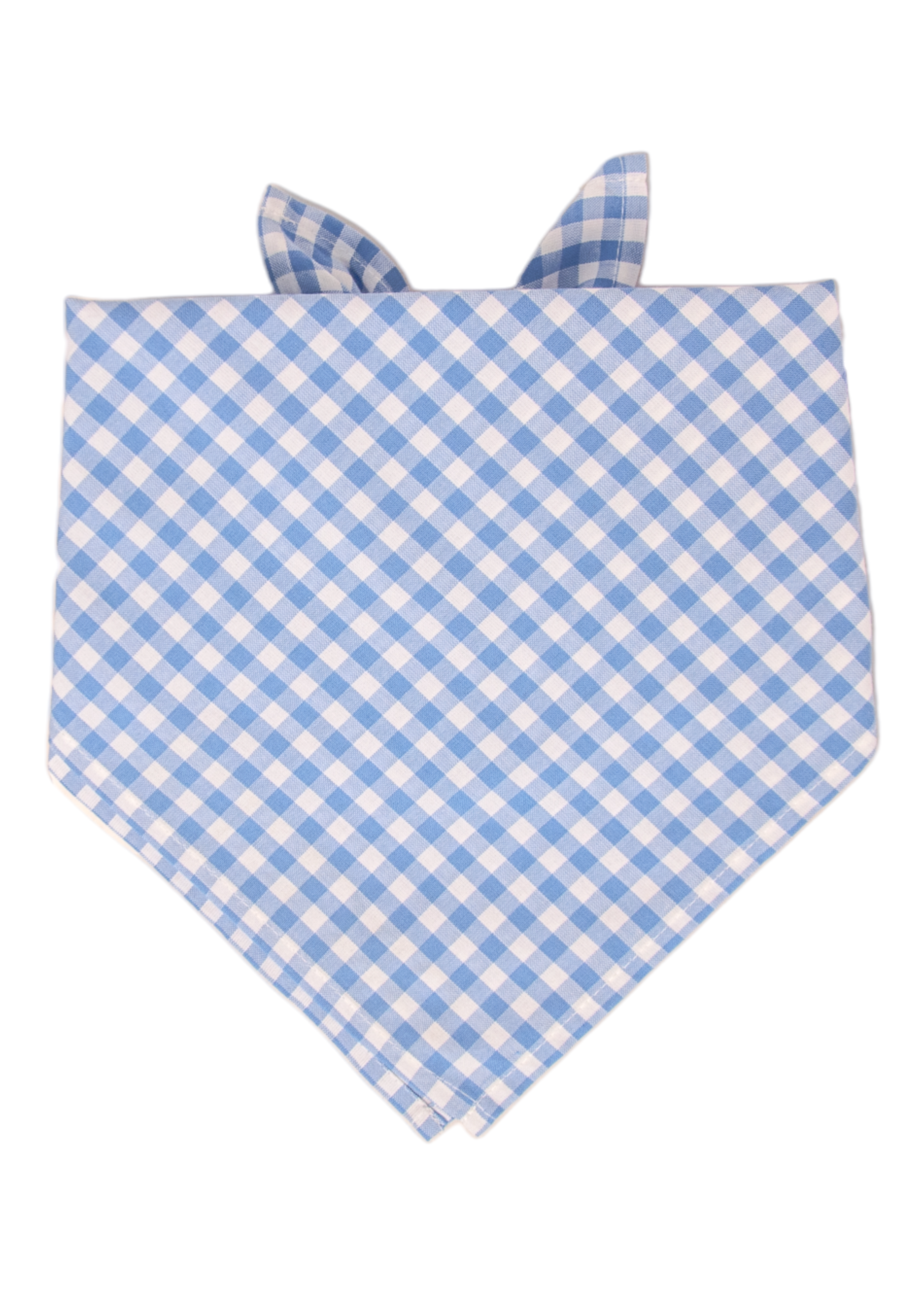 Dog bandana featuring a classic periwinkle and white plaid pattern in a diagonal grid layout. The fabric is neatly folded into a triangle and tied at the top, with the lower tip forming a sharp V-point, suitable for both small and large breeds.