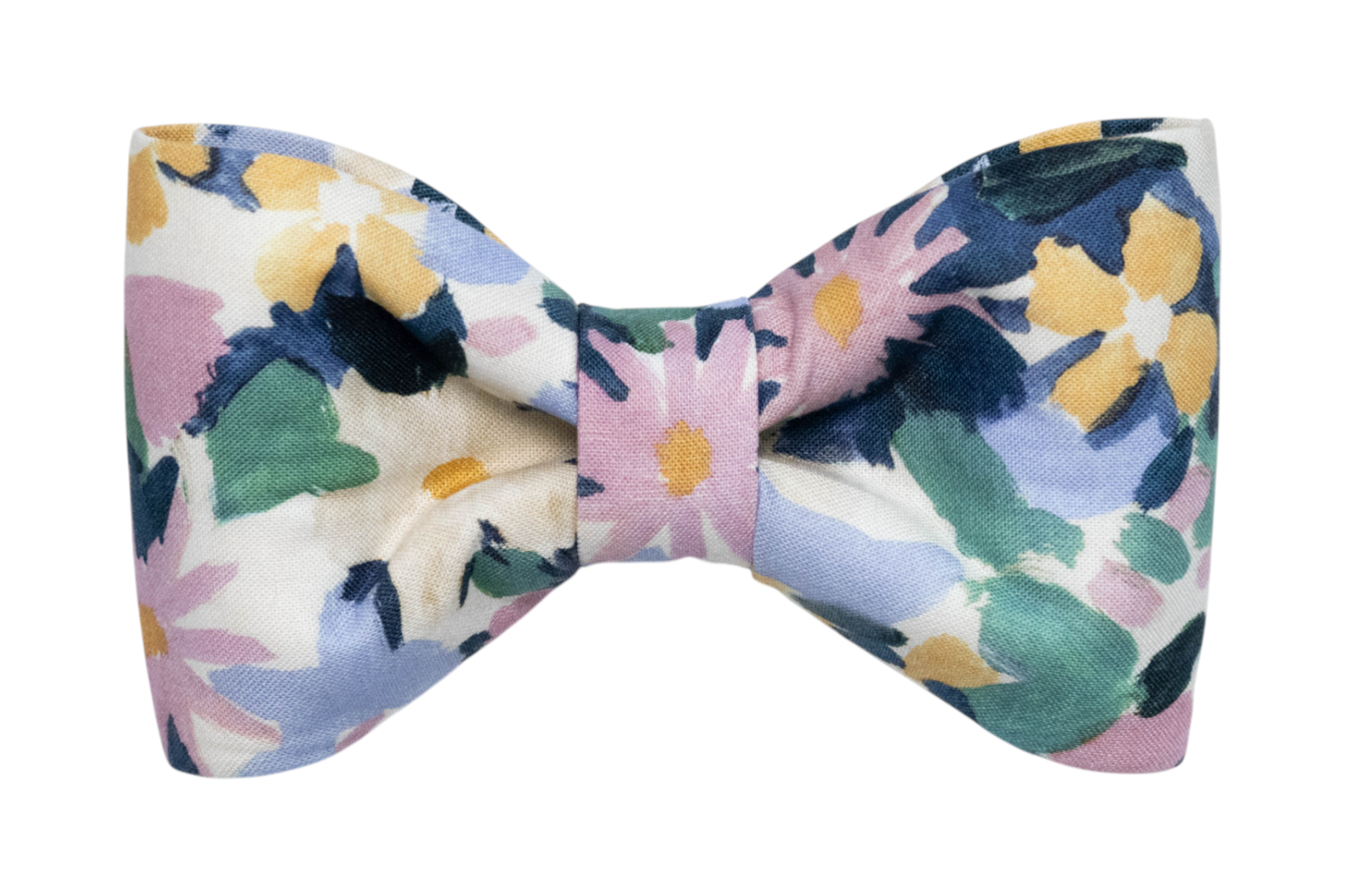 A fabric bow tie with a watercolor-style floral pattern. The bow tie is symmetrically shaped and softly structured, perfect for your pups fall strolls.