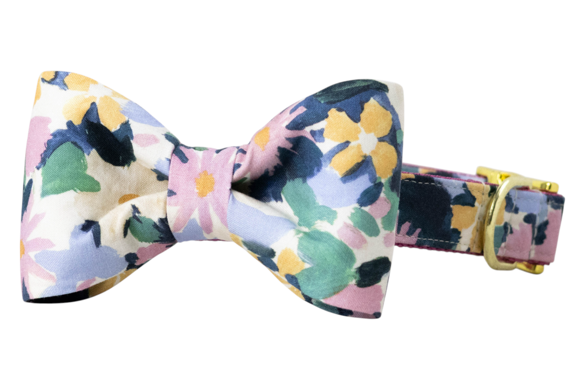 A floral dog collar with an attached matching classic bow tie in a watercolor-style floral pattern. The collar includes metal hardware and a nylon woven base.