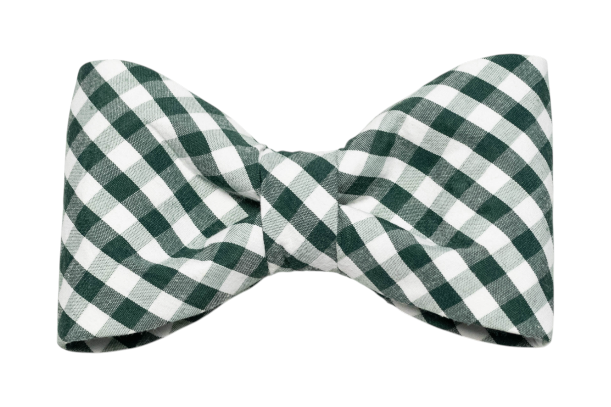 Green plaid dog bow tie with a traditional pattern, made of soft cotton fabric and shaped with a clean, structured silhouette that attaches securely to a collar.