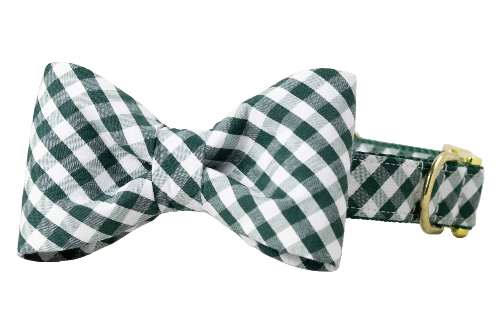Dog collar and bow tie set in green gingham fabric, combining a polished look with functional hardware.