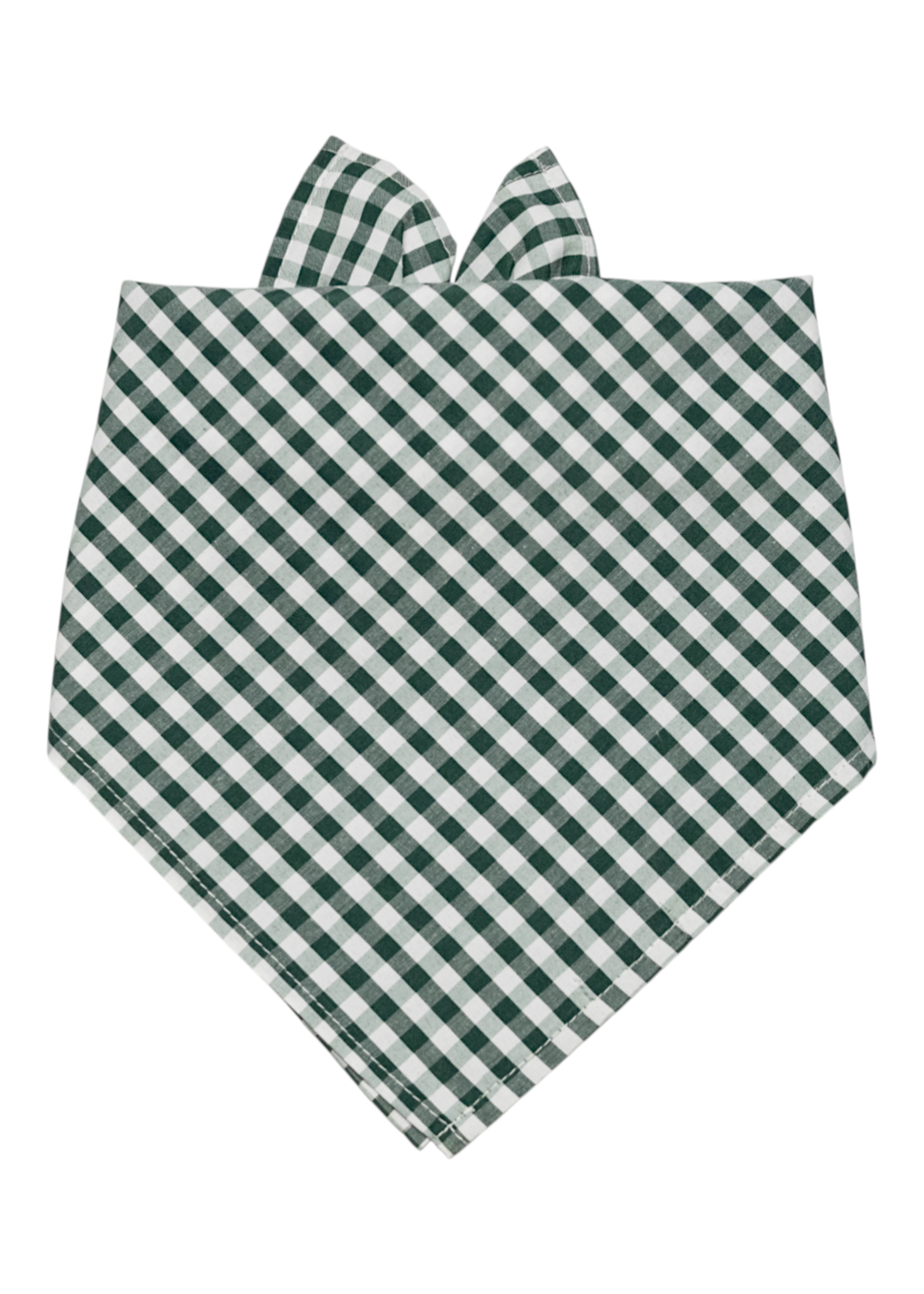 Dog bandana in a forest green plaid print, folded into a triangle with visible tied ends at the top.