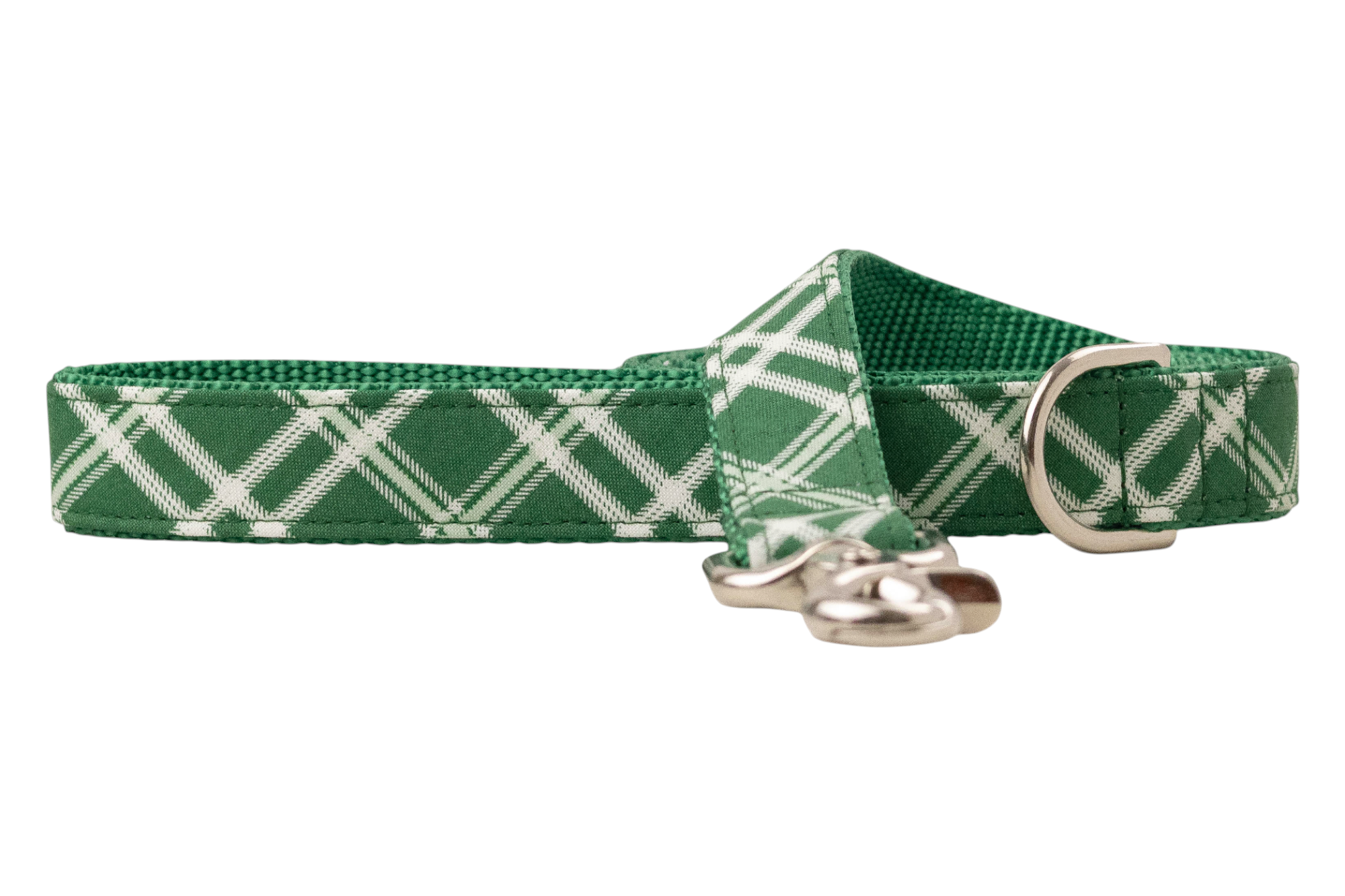 Green dog leash with a plaid pattern, reinforced with matching green webbing, featuring a metal swivel clasp and D-ring for secure attachment.