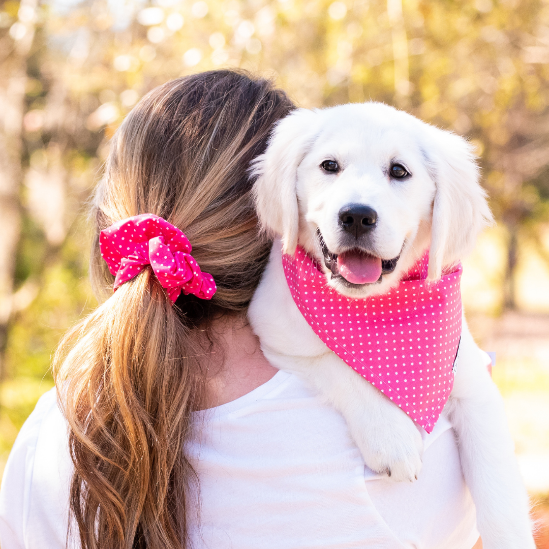 A woman with long blonde hair tied back with a pink polka dot scrunchie holds a smiling white puppy over her shoulder. The puppy wears a matching pink polka dot bandana, and both are outdoors in a sunlit, tree-filled setting.