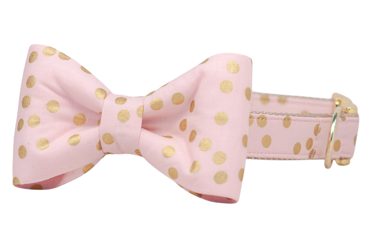 Chic dog collar in pink with a metallic gold polka dot pattern, highlighted by a neatly tied bow tie at the center. Includes gold-finished buckle hardware and a matching D-ring for attaching a leash.