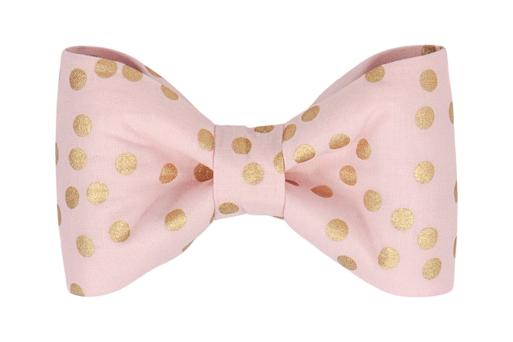 Beautifully crafted blush pink dog bow tie adorned with metallic gold dots, perfect for special occasions, celebrations, or a touch of everyday whimsy.
