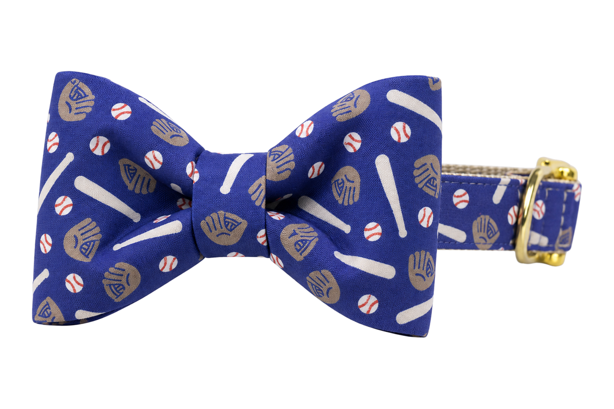 Classic dog collar featuring a Play Ball fabric bow tie, a royal navy blue fabric with baseballs, bats and gloves in white and gray, attached to a matching Play Ball collar with a nylon inner lining and gleaming gold hardware, including a D-ring and buckle.