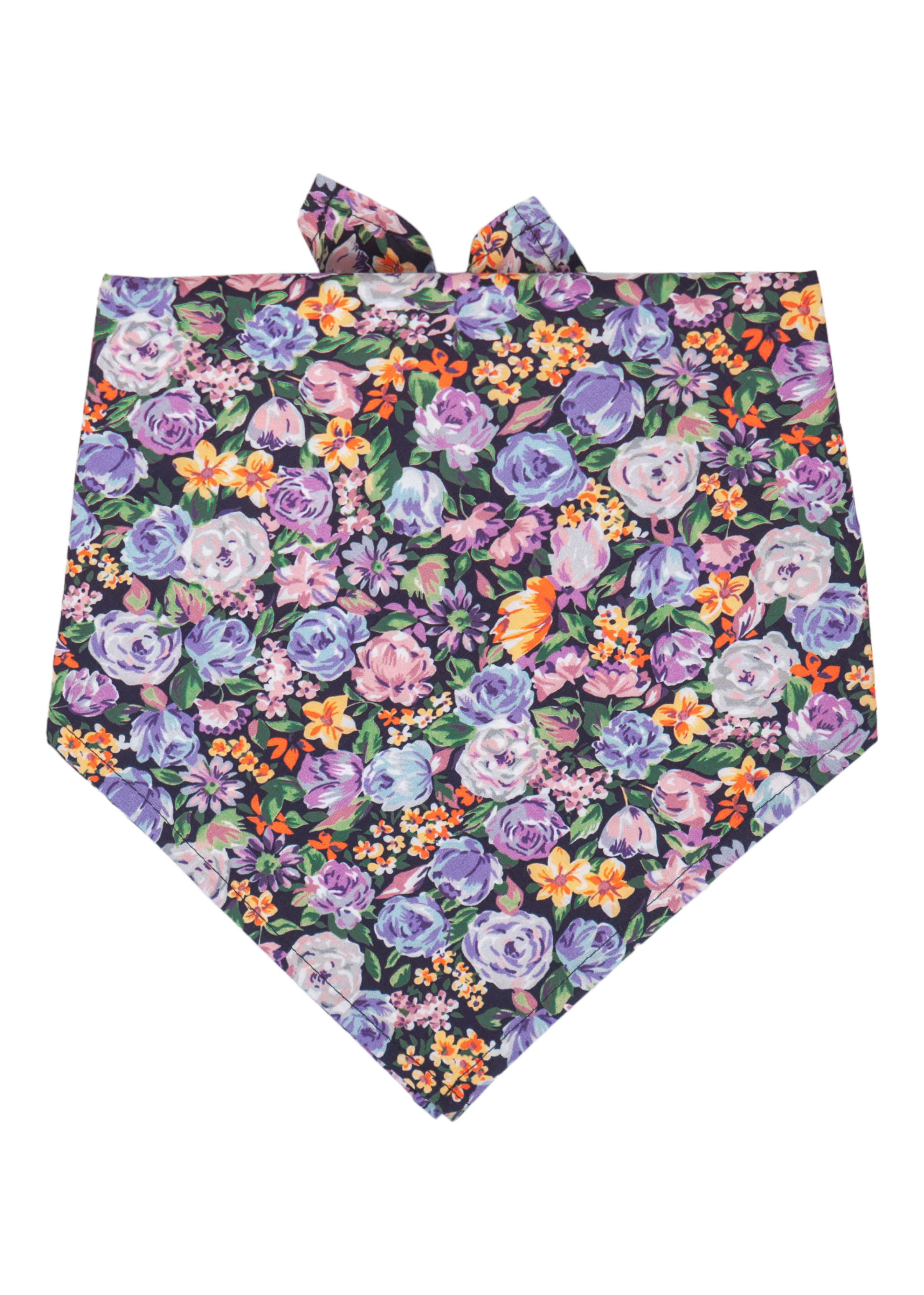 Pet bandana in a vibrant garden floral pattern with multicolored blooms on a dark base. The bandana is folded in a triangle with visible tie ends at the top, intended to be worn around a dog's neck.