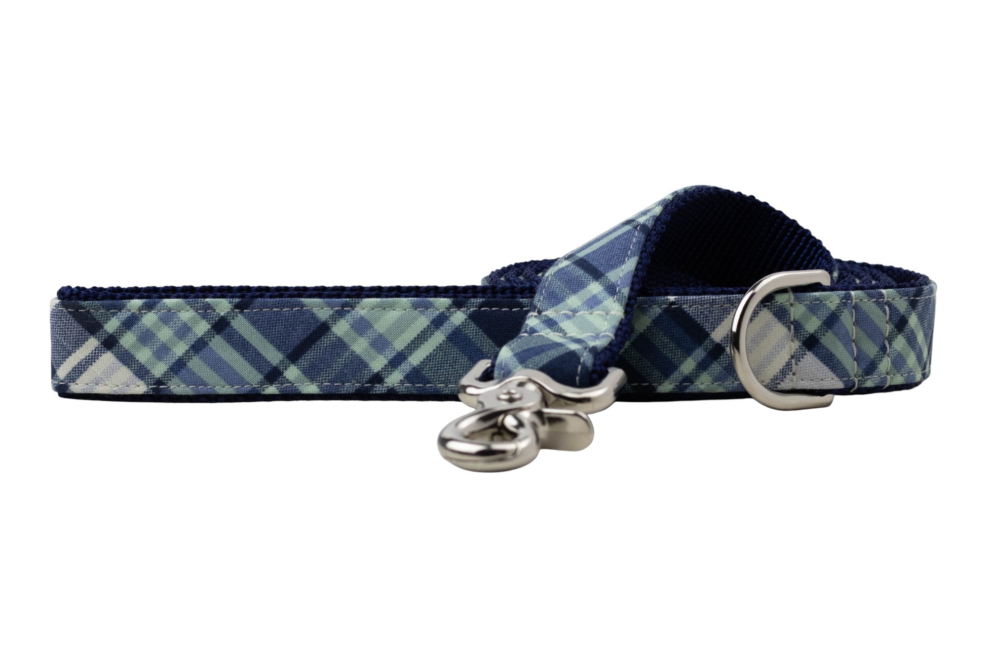 Fabric dog leash featuring a blue and green plaid pattern with dark navy backing and polished silver metal hardware for secure attachment.