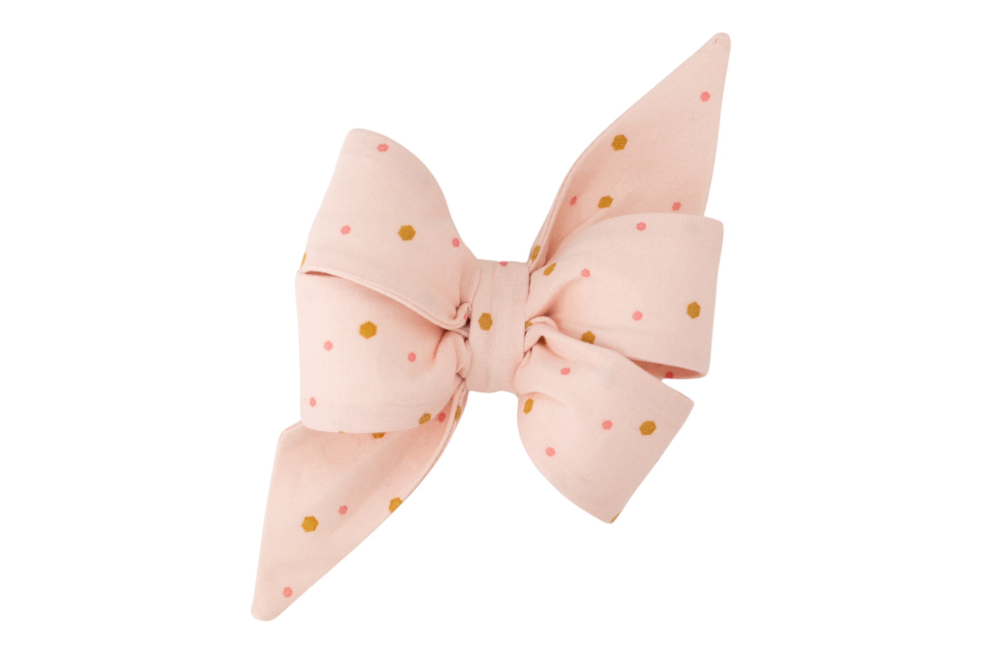 Pastel pink girl dog belle bow crafted by hand, decorated with a small playful golden-yellow hexagon and smaller rosy pink polka dot pattern. Perfect for any celebration!