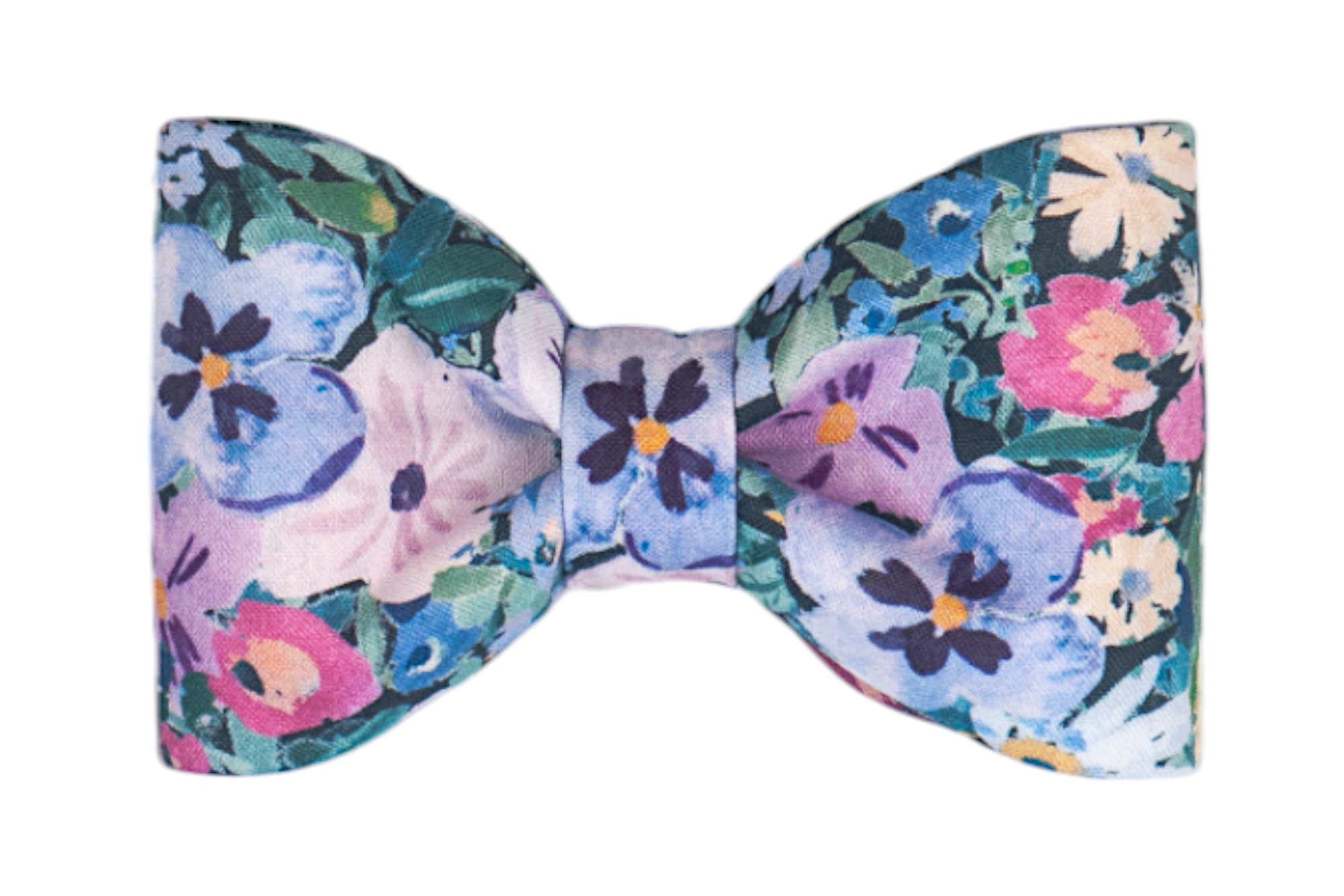A fabric dog bow tie with a vibrant floral print featuring large pansy-style blossoms. The bow tie is symmetrical and neatly cinched at the center, with a soft, structured shape.