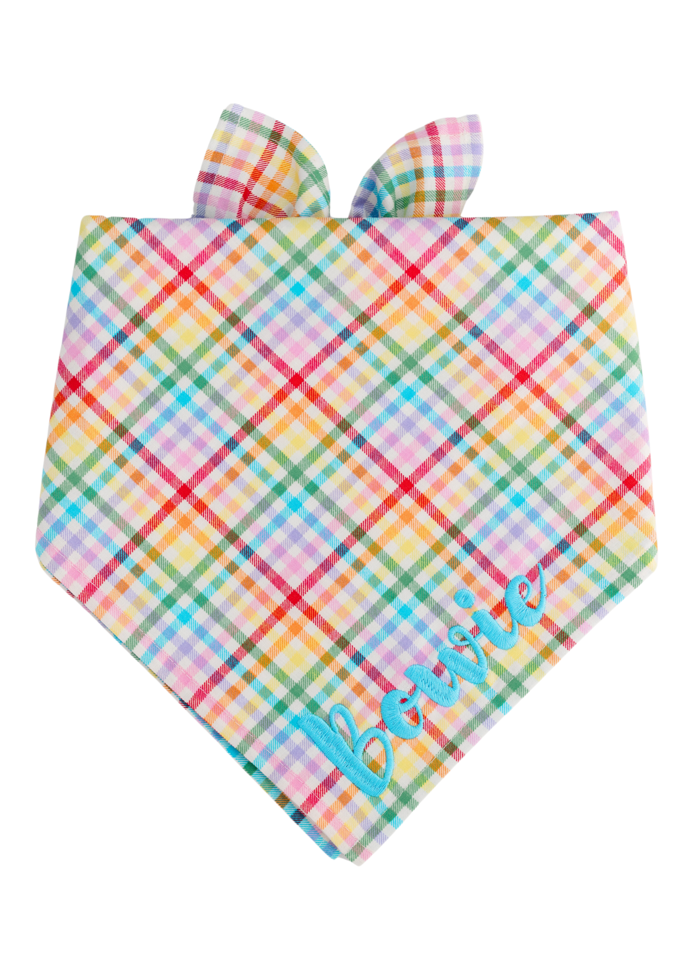 Bright plaid dog bandana with a multicolored rainbow crisscross design and knotted tips at the top, personalized with the name "Bowie" stitched in sky blue thread on the lower right side. Get your own personalized one for your pup!