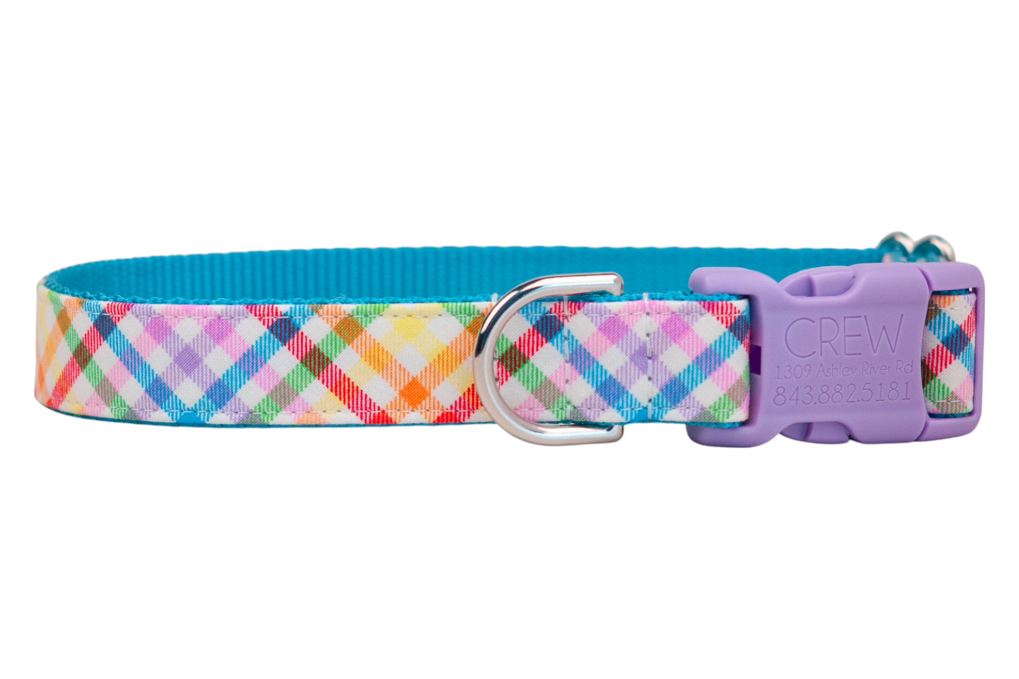 Vibrant multicolor rainbow plaid dog collar with a bold blue underside, featuring a purple plastic buckle and a sturdy D-ring.
