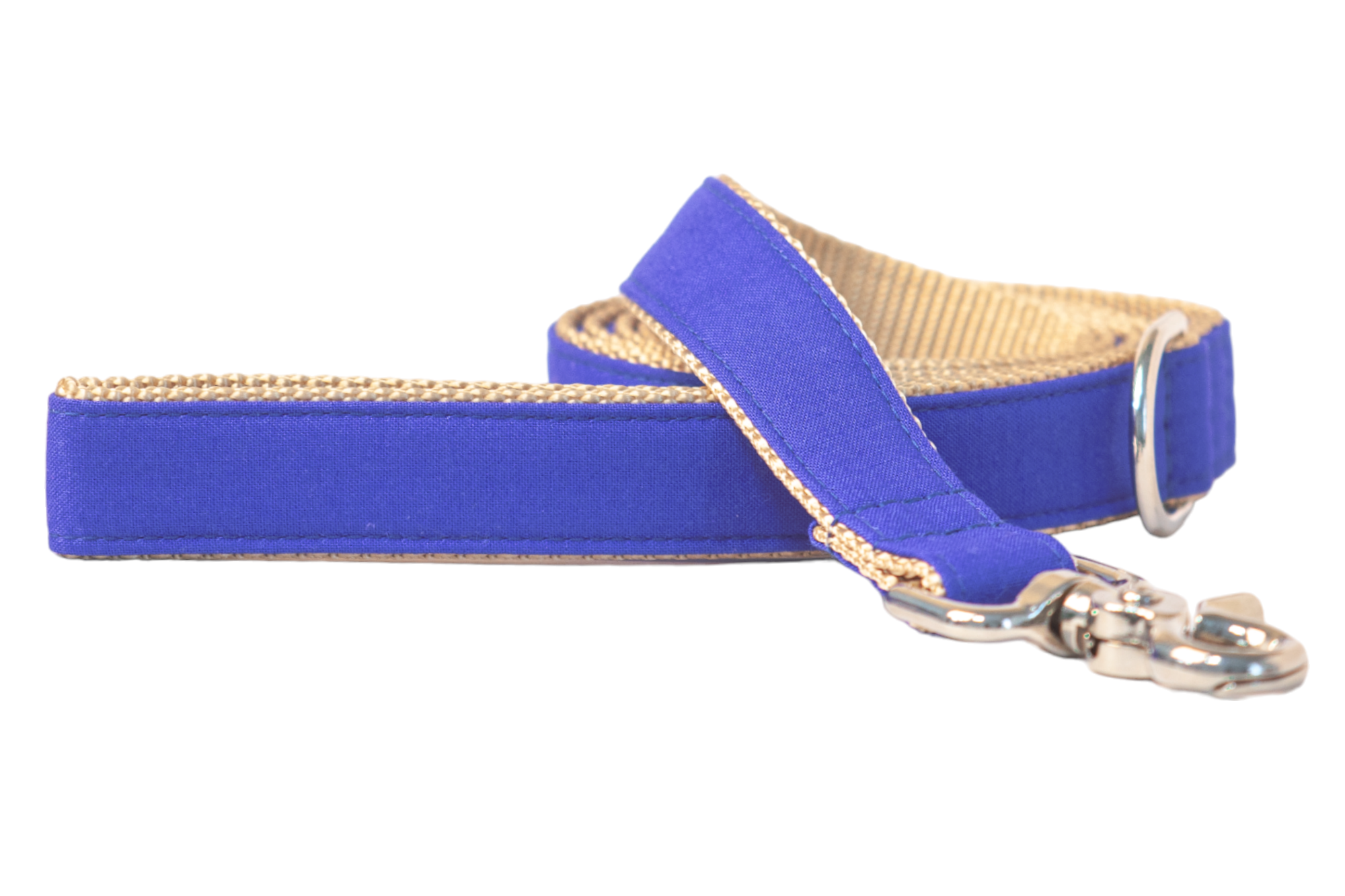 Stylish dog leash in vibrant royal blue fabric, backed with textured beige webbing, and finished with sturdy silver hardware including a clasp and D-ring.